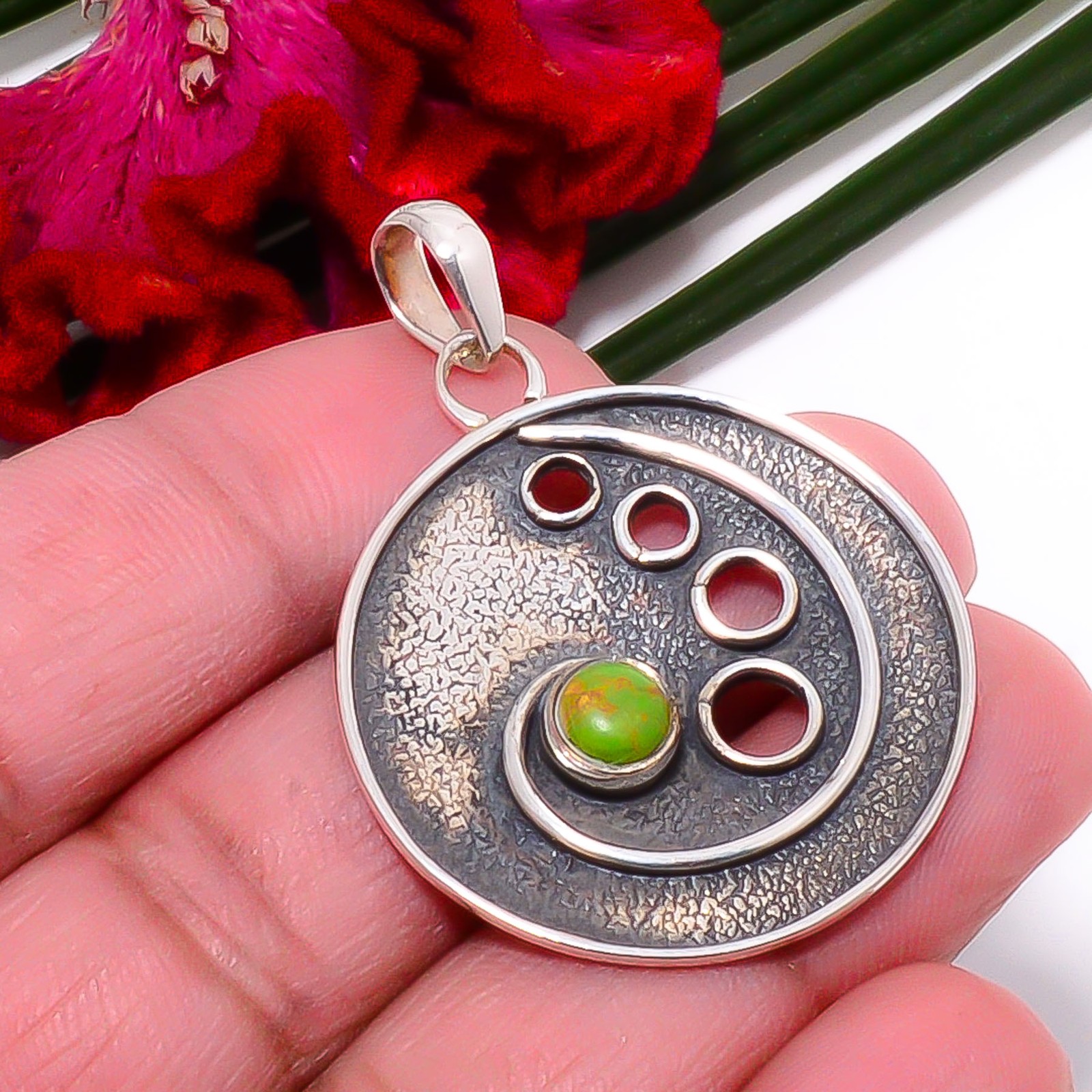 Copper Green Turquoise 925 Sterling Silver Pendant 1.72″ Sk45, Christmas Gift