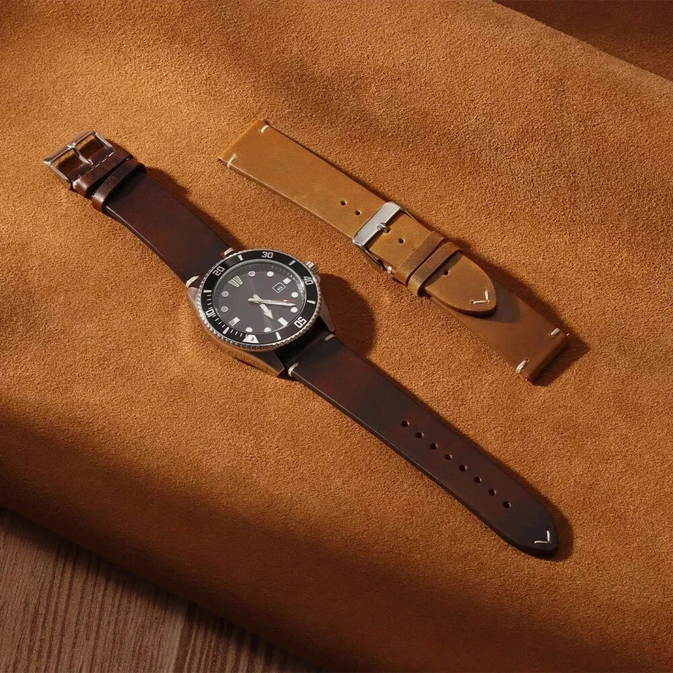 Retro Oil Wax Genuine Leather Watch Band 18 19 20 21 22 24mm Thin Cowhide Strap