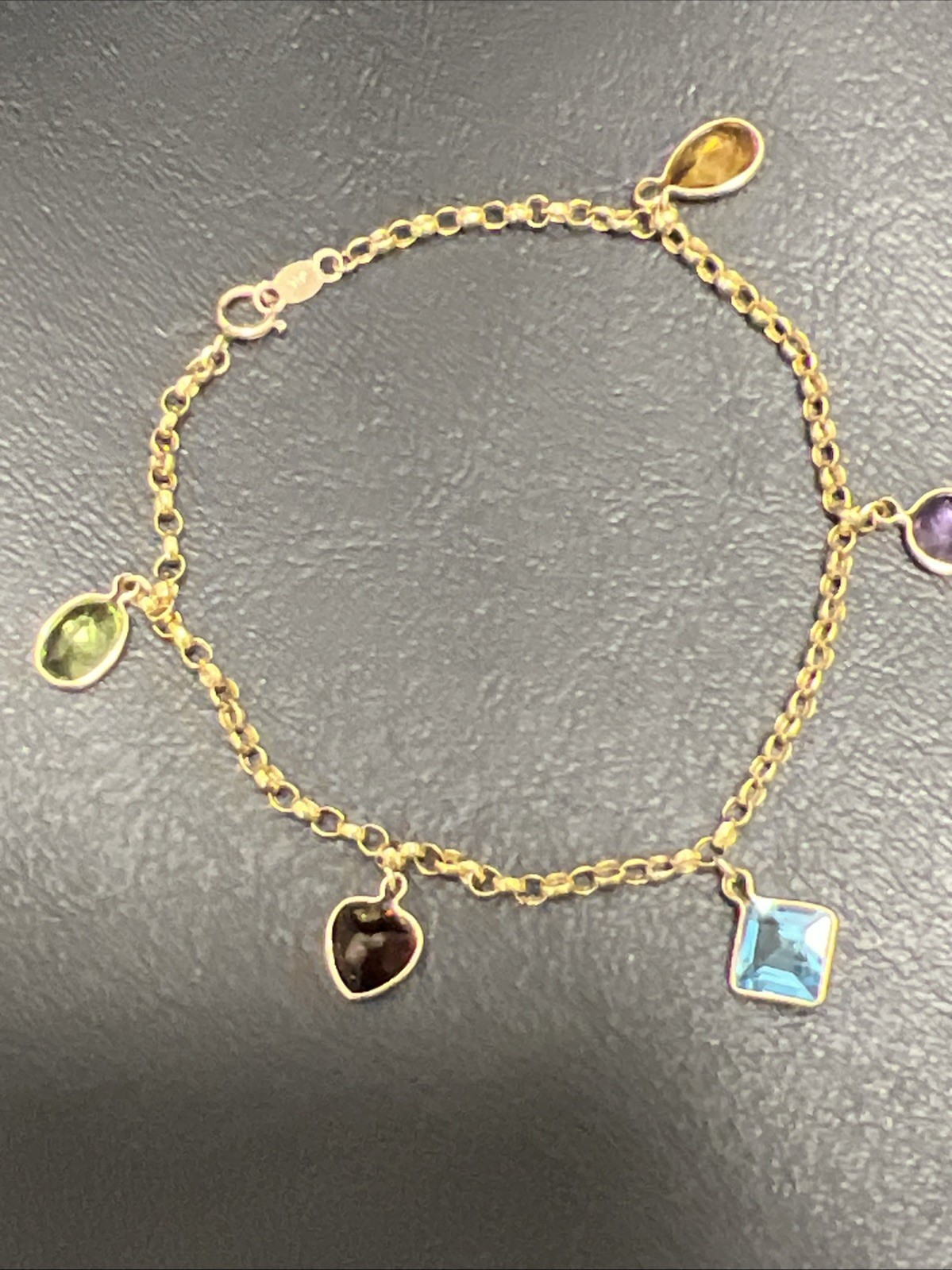 10k Yellow Gold Multicolor Gemstone Charm Bracelet 7”