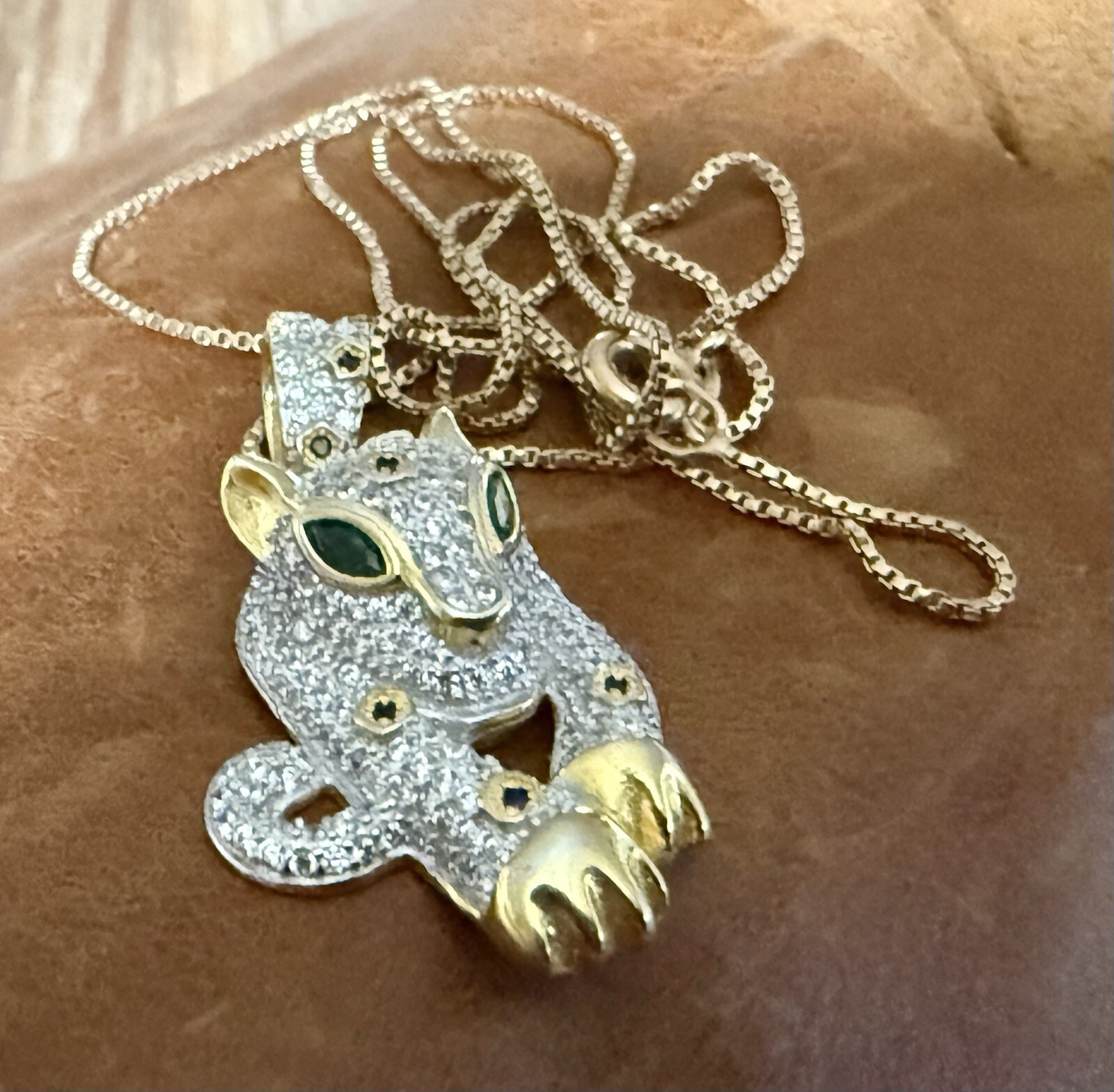 Cute Fuzion Creations Emerald Eyes Jaguar Pendant Gold Vermeil 925 Necklace 18″