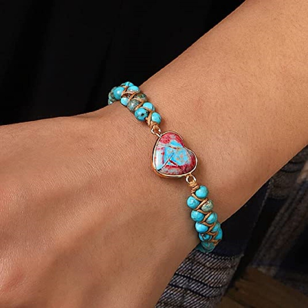 Jasper Stone Heart Charm Bracelet String Natural Bead Macrame Bracelet Anklet