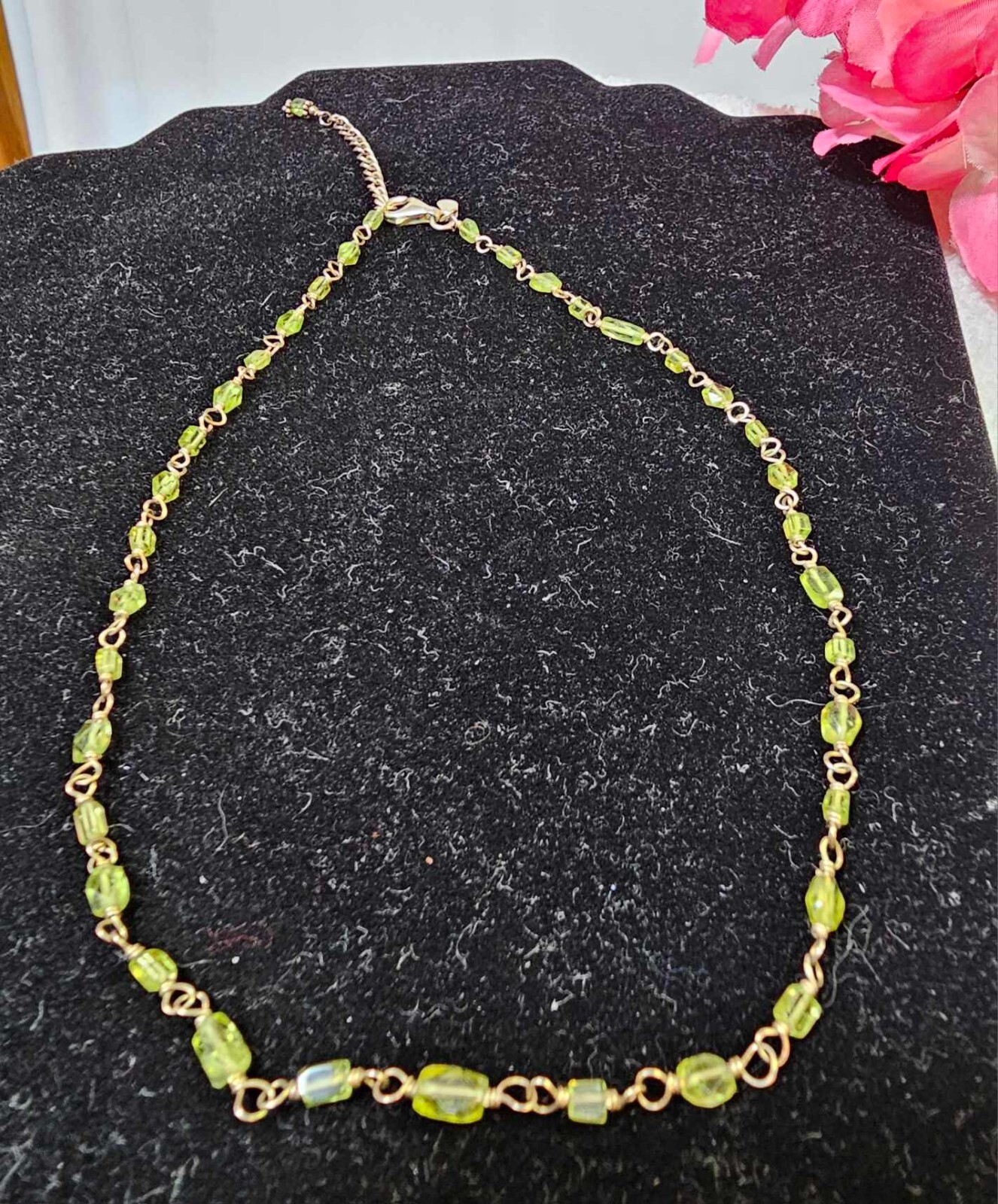 925 Sterling w/ Peridot Green Glass Beads Necklace 15 1/2in” – B18
