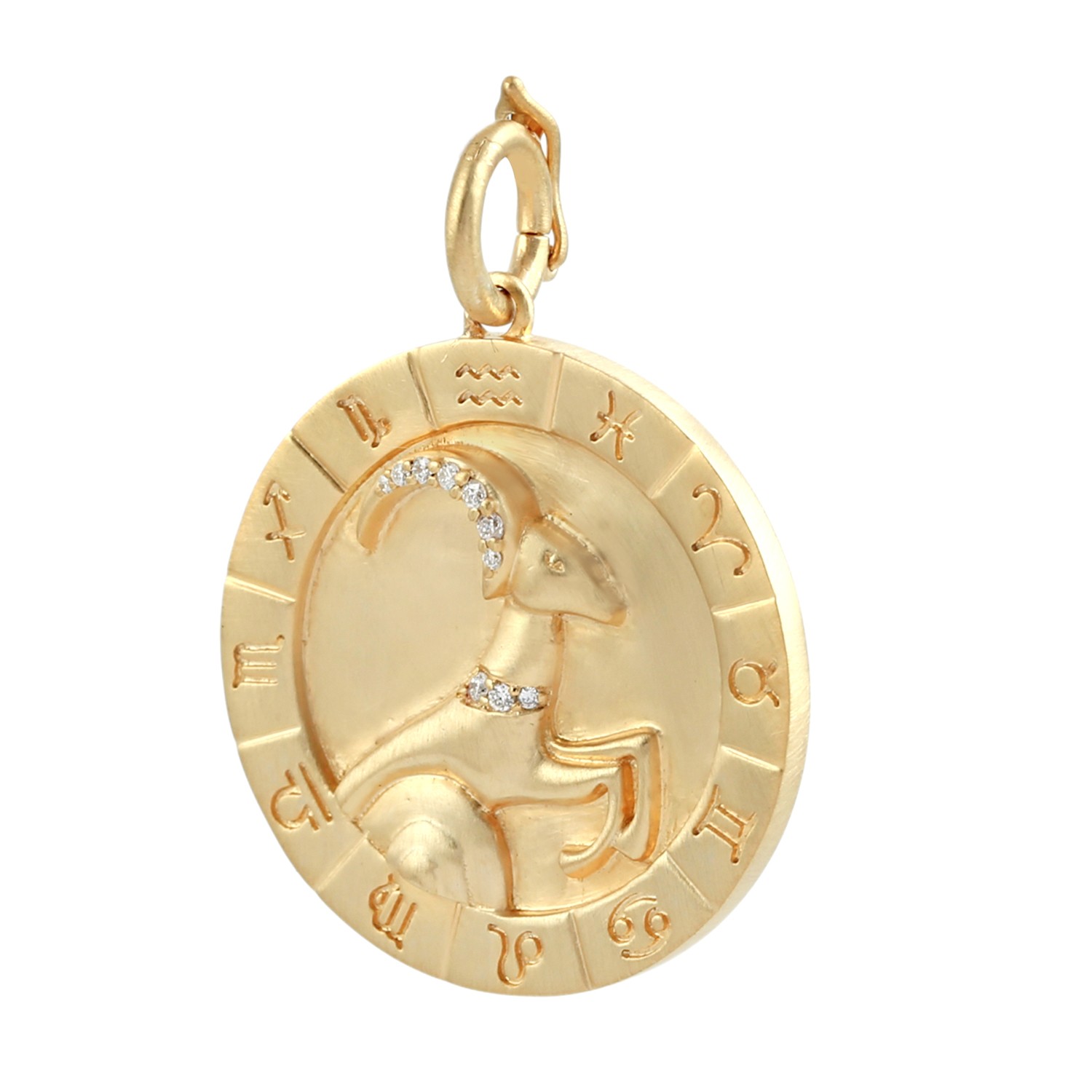 Capricorn Zodiac Medallion Pendant 14K Yellow Gold Diamond Astrology Charm