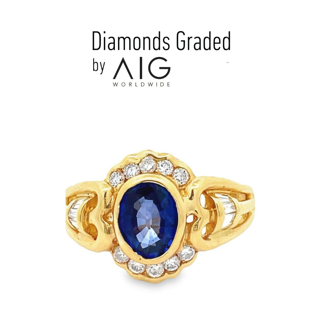 AIG Certified 2.27 CT Diffused Sapphire Diamond Ring Oval Cut 18K Yellow Gold