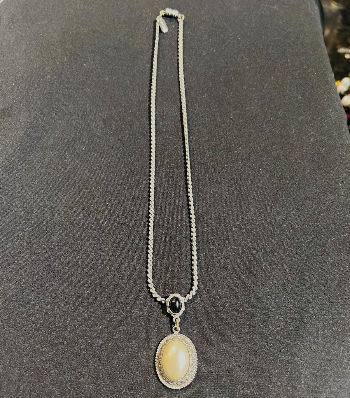 1928- Silver Tone Rope Chain Necklace Oval Pendants Vintage Inspired.