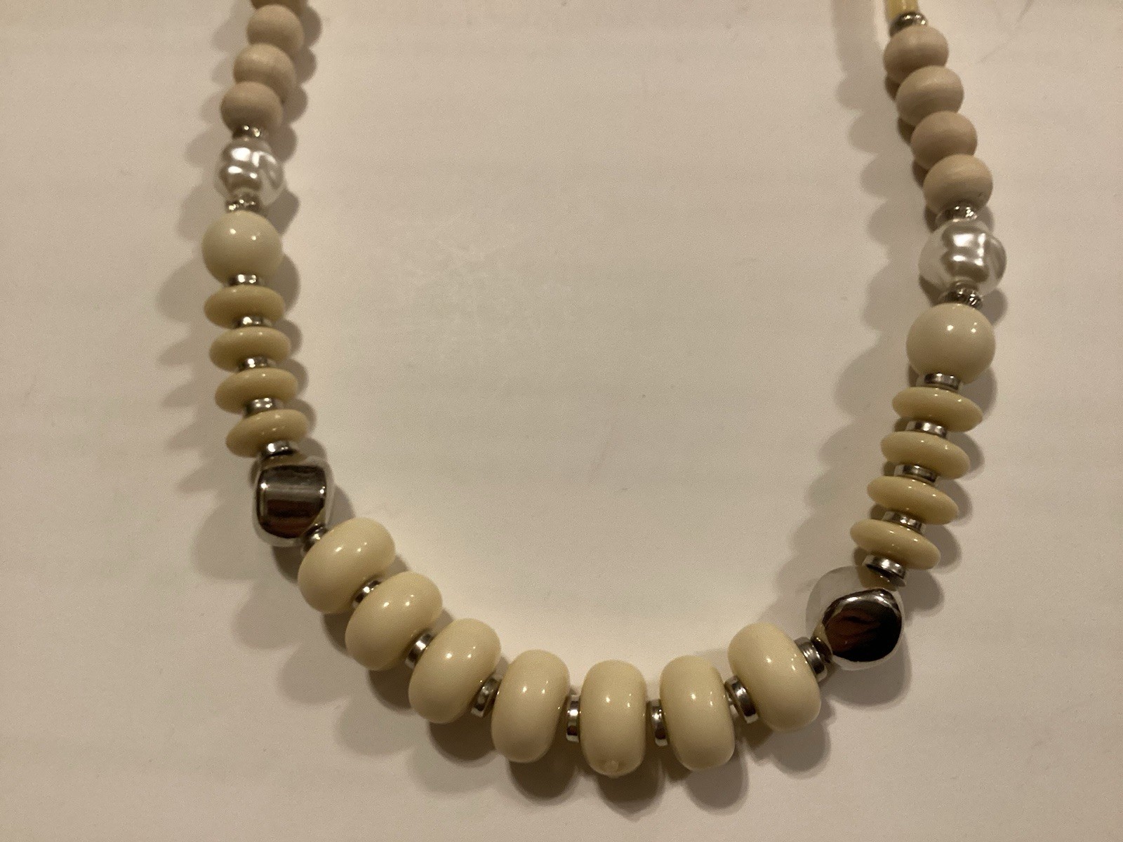 Bone Colored And Silver Beaded Necklace Mixit Color