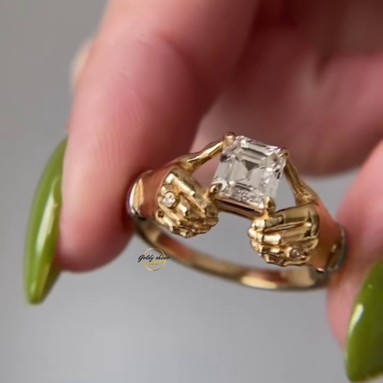 1 Ct Asscher Cut Moissanite Grasping Hands Artistic Ring 14K Yellow gold plated