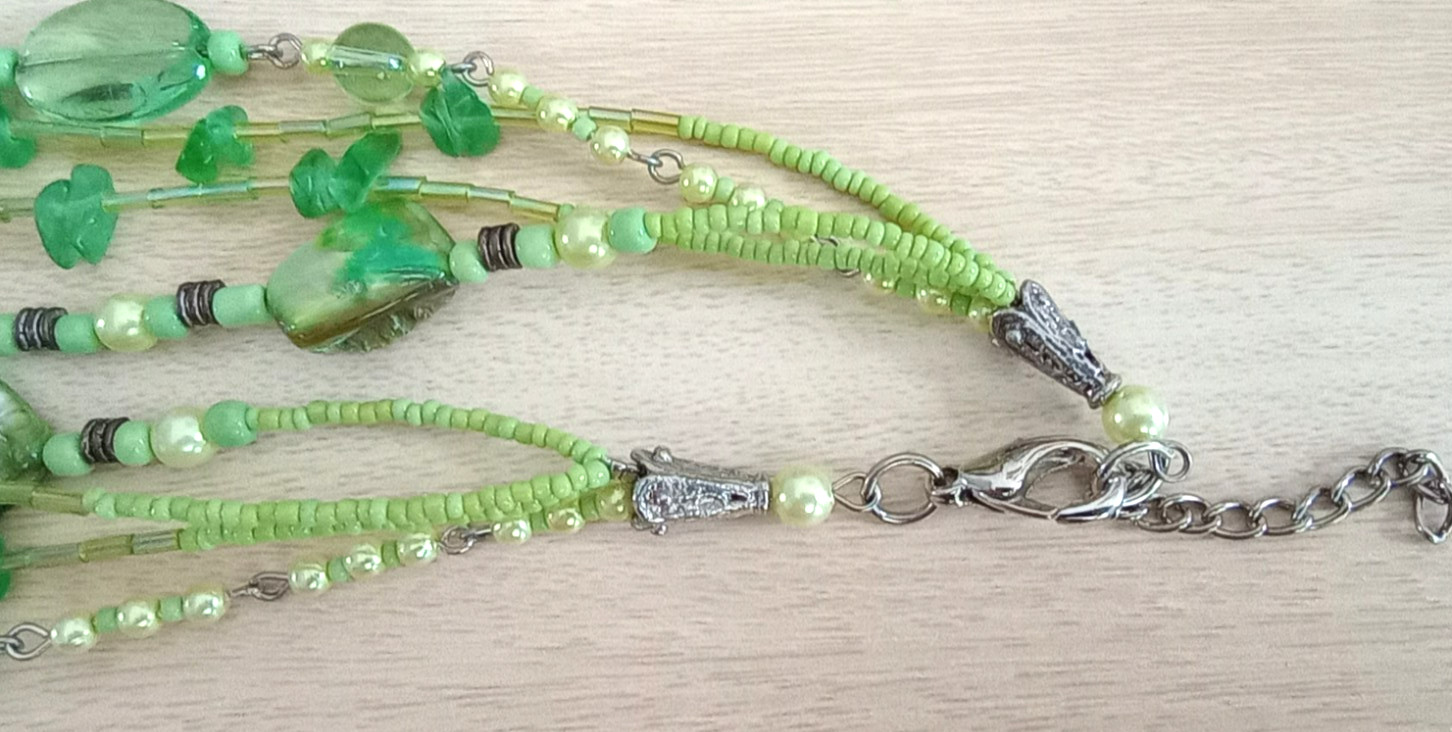 Green beaded multi strand necklace silver tone 30″