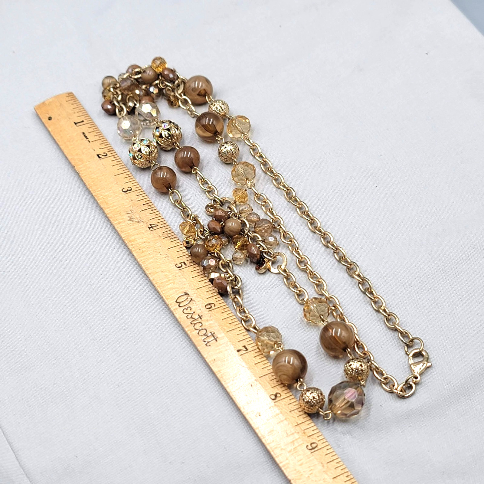 Gold Tone Beaded Station Necklace 36 in Brown Glass Filigree Beads Chain Womens