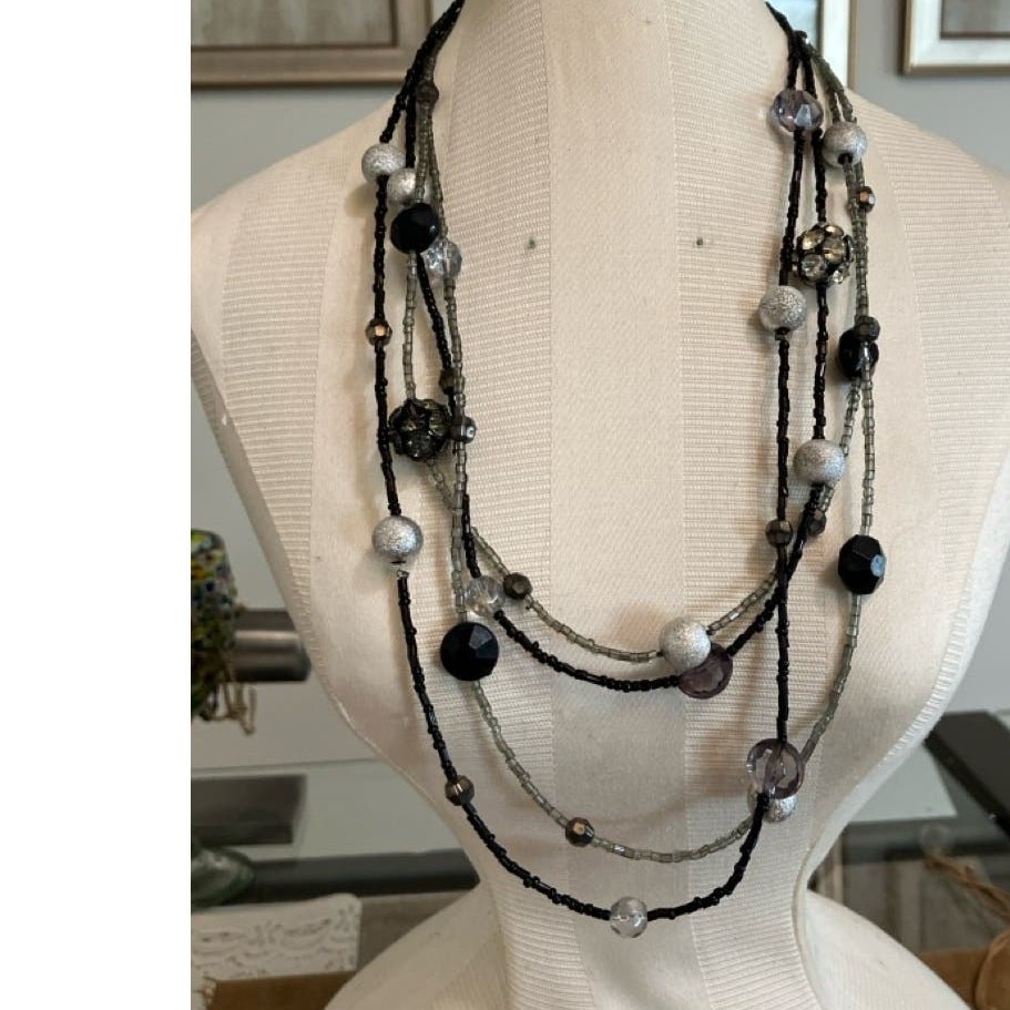 Four Strand Black Silver and Grey Beaded Necklace