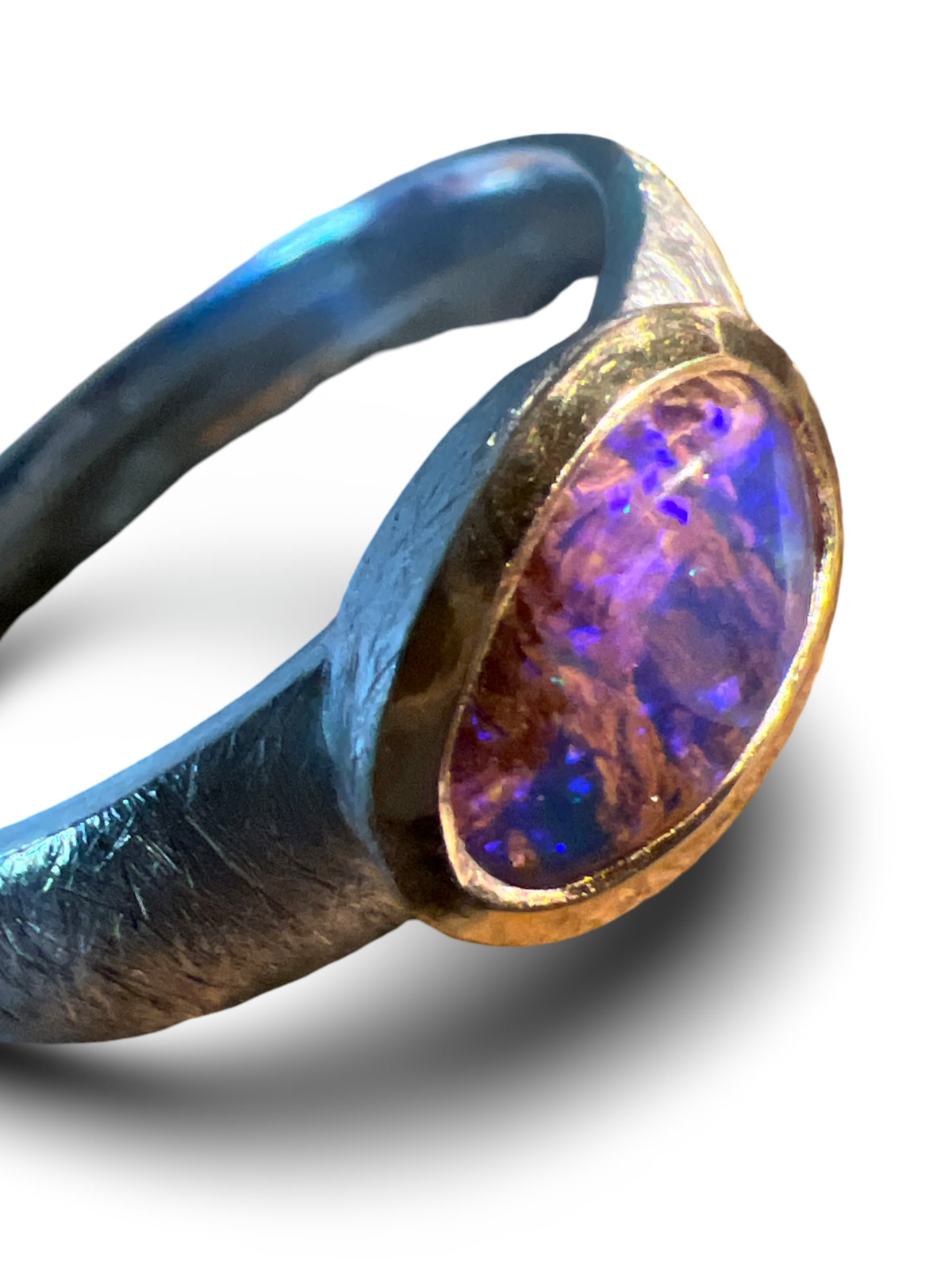 Blue Red Moon Opal 10mm x 7mm Ring in Sterling Silver with Gold Plated Setting
