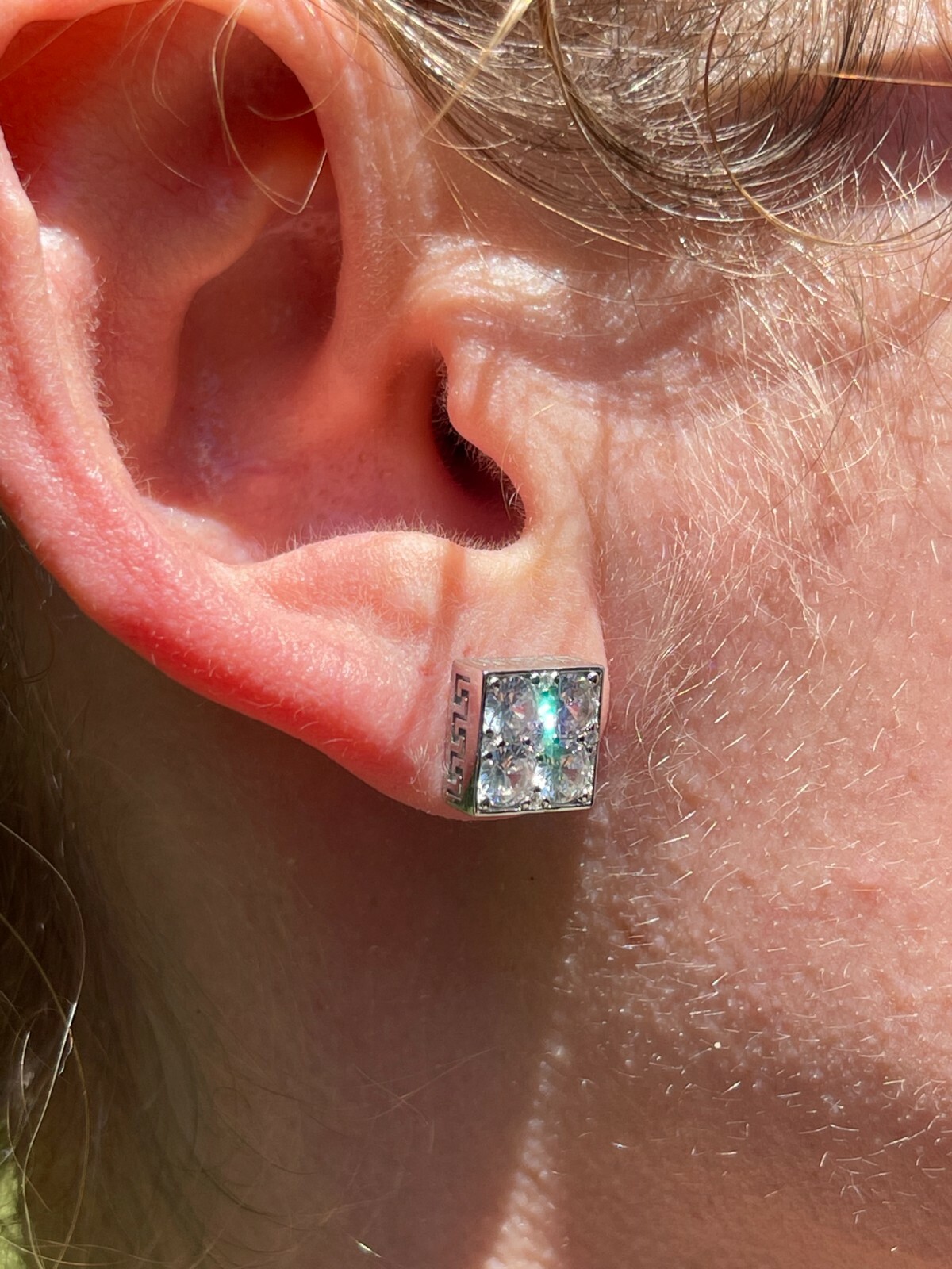 Real 925 Silver Iced Square Cube CZ Hip Hop Earrings Studs Large 9mm Men’s