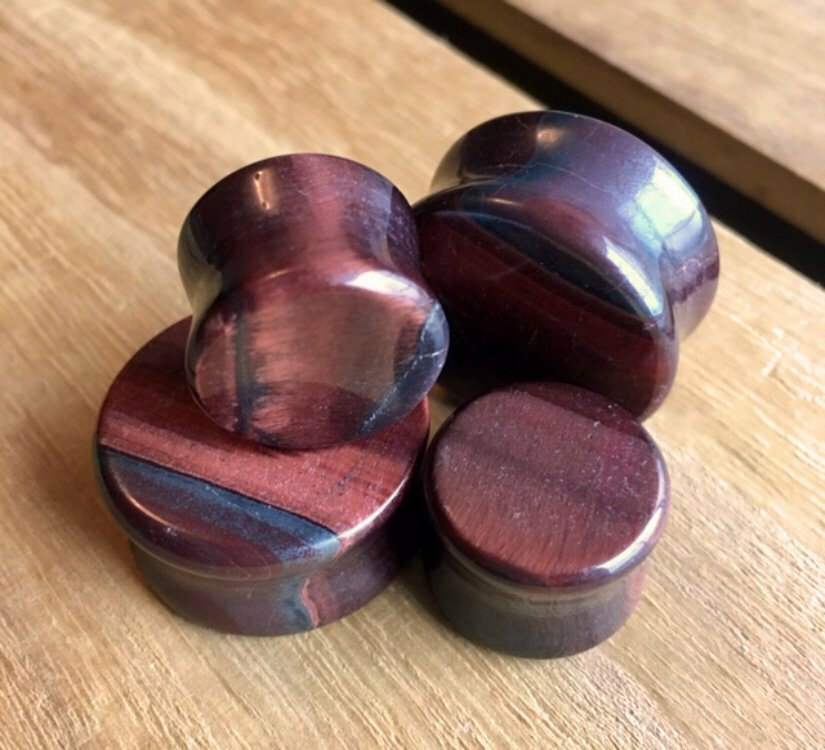 PAIR Red Tiger Eye Organic Stone Plugs Gauge – 3mm (8g) to 25mm (1″) available