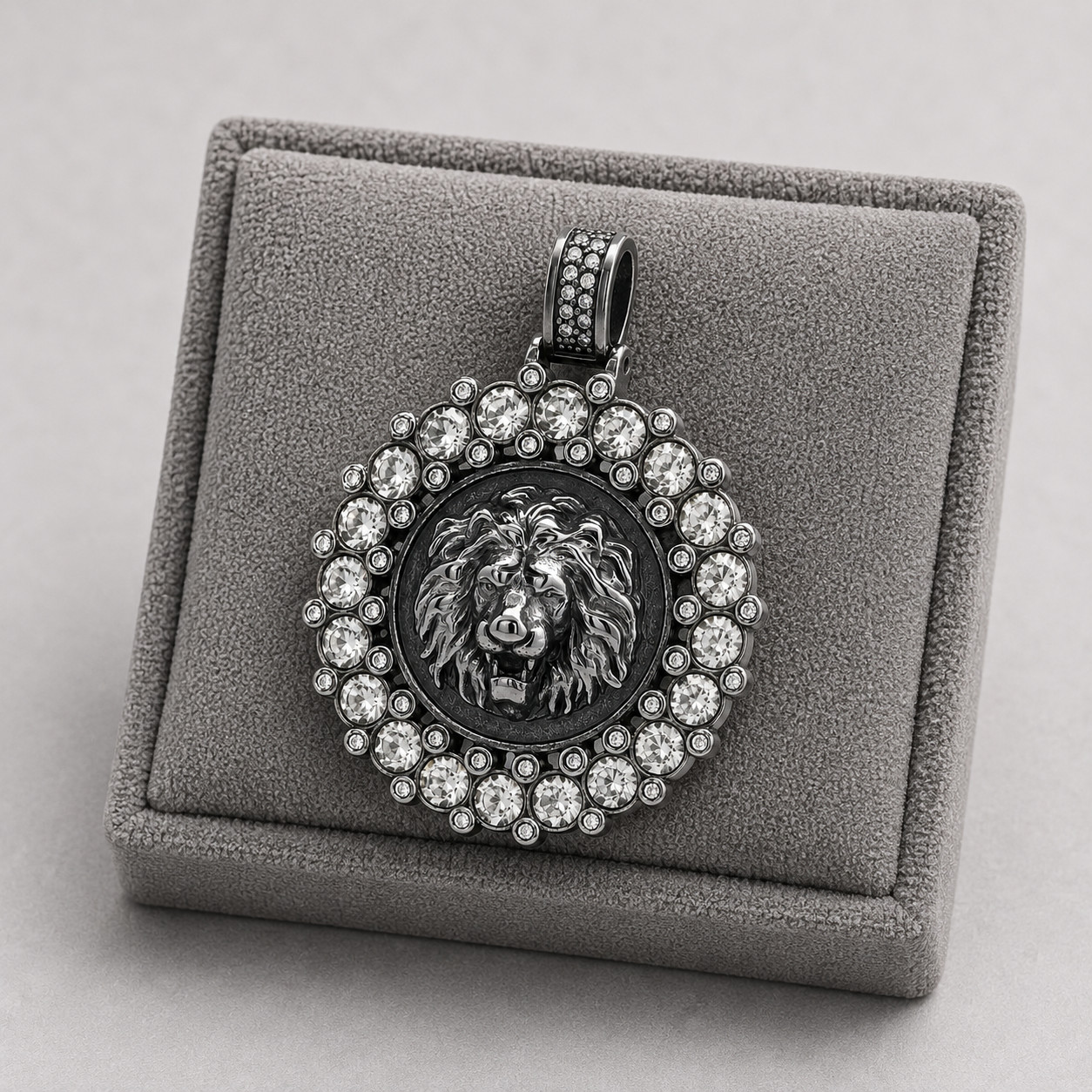 Iced Lion Head Pendant Silver Plated Steel CZ Hip Hop Men’s Jewelry