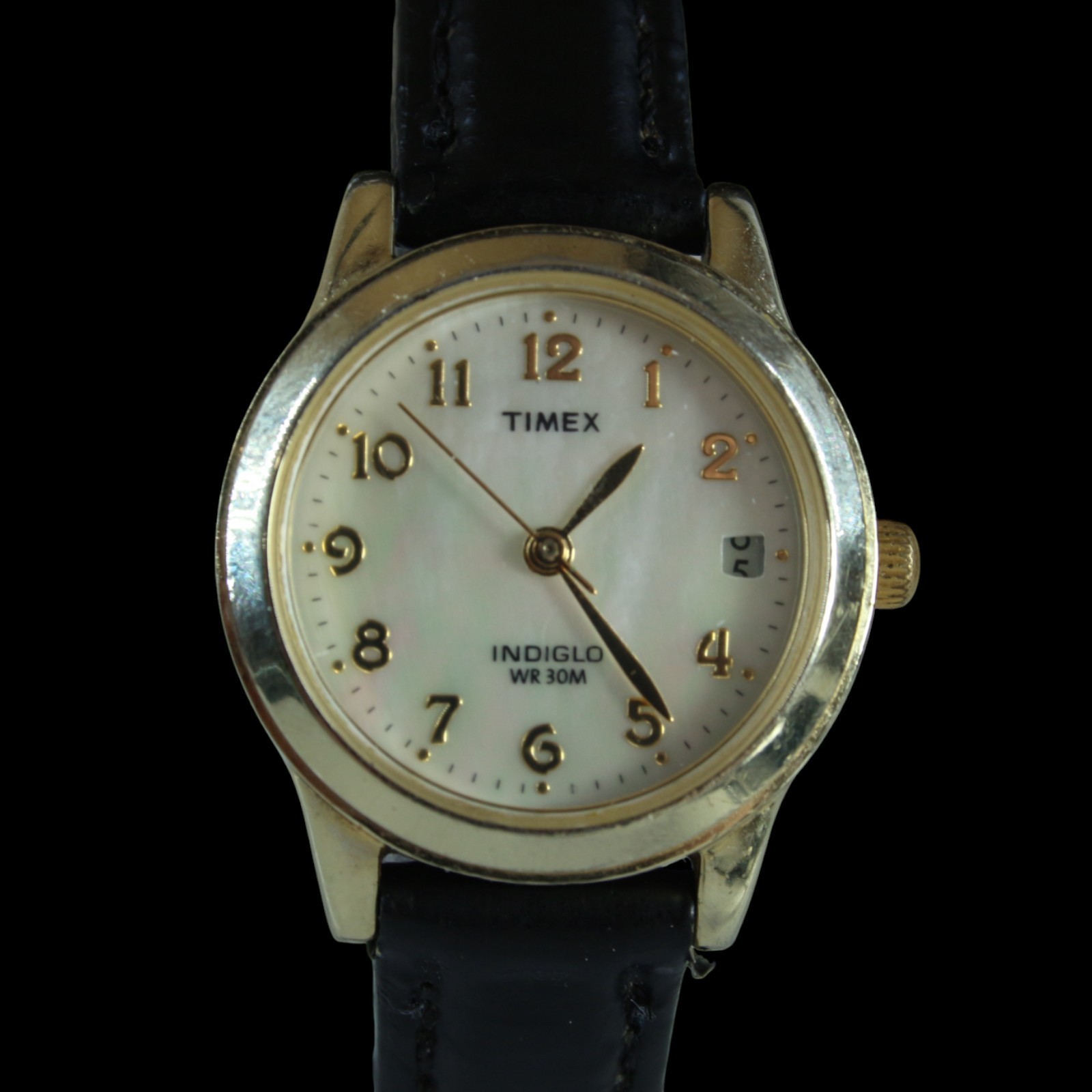 Timex Watch Lot Indiglo Easy Reader Gold & Black Leather Vintage MOP Pearl Work