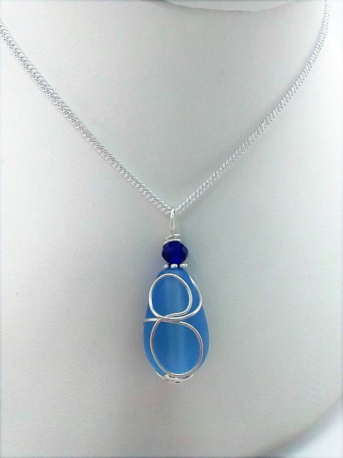 Cobalt Blue “Loop” Sea Glass Pendant Silver Snake Chain Necklace 18 Inch
