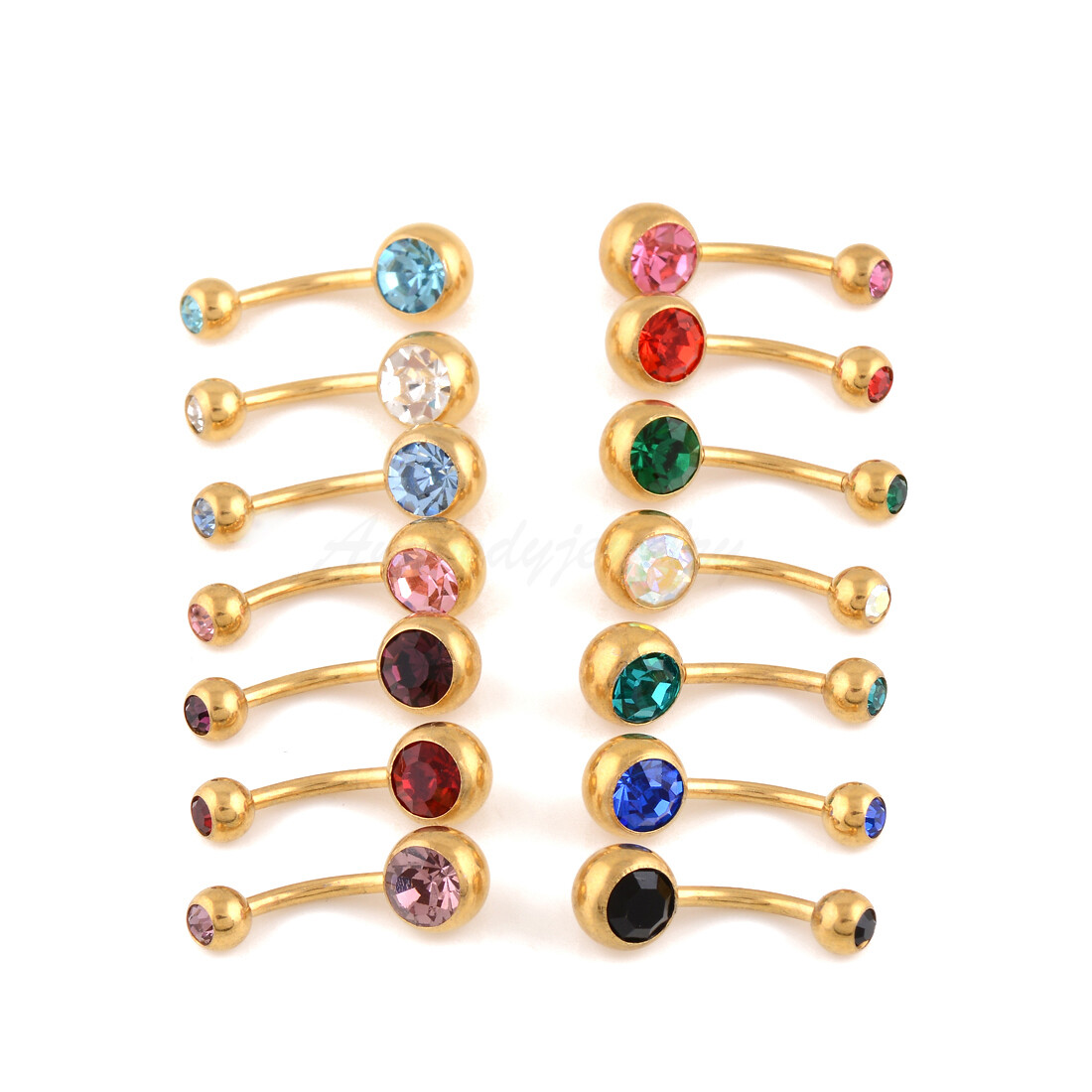 Gold Color Belly Button Ring Double Jeweled Navel Rings 316L Steel