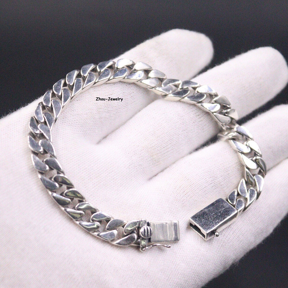 Solid S925 Sterling Silver Chain 8mm Cuban Curb Link Bracelet 34-35g 7.9inch
