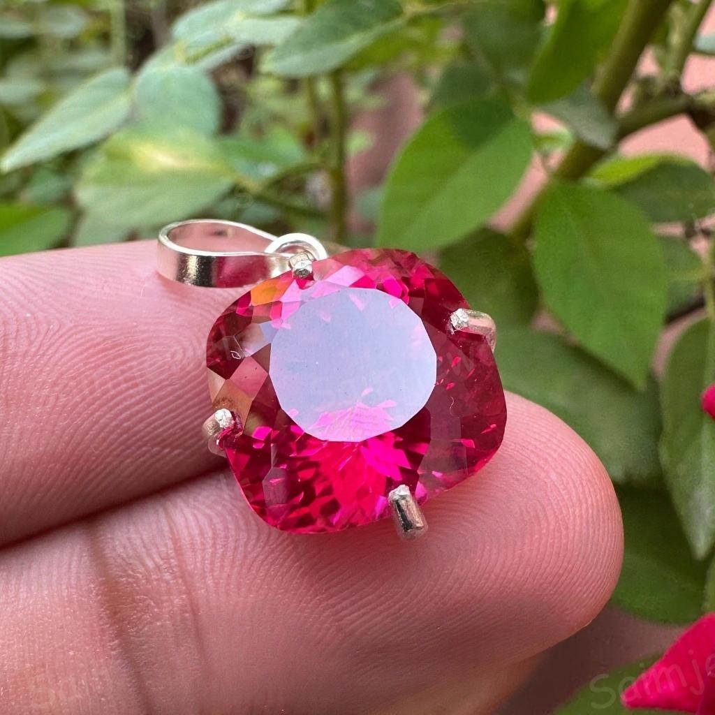 Certified 22.5 Ct Natural Cushion Mogok Pink-Ruby Pendant in 925 Solid Silver