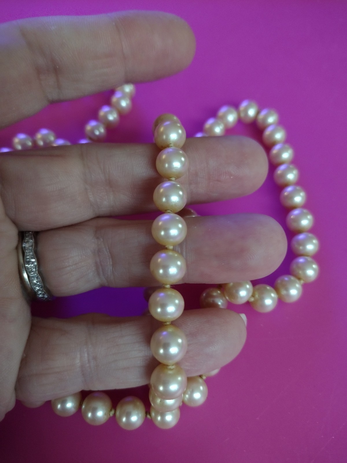 Vintage Cloisonne Clasp 36″ Faux Pearl Necklace