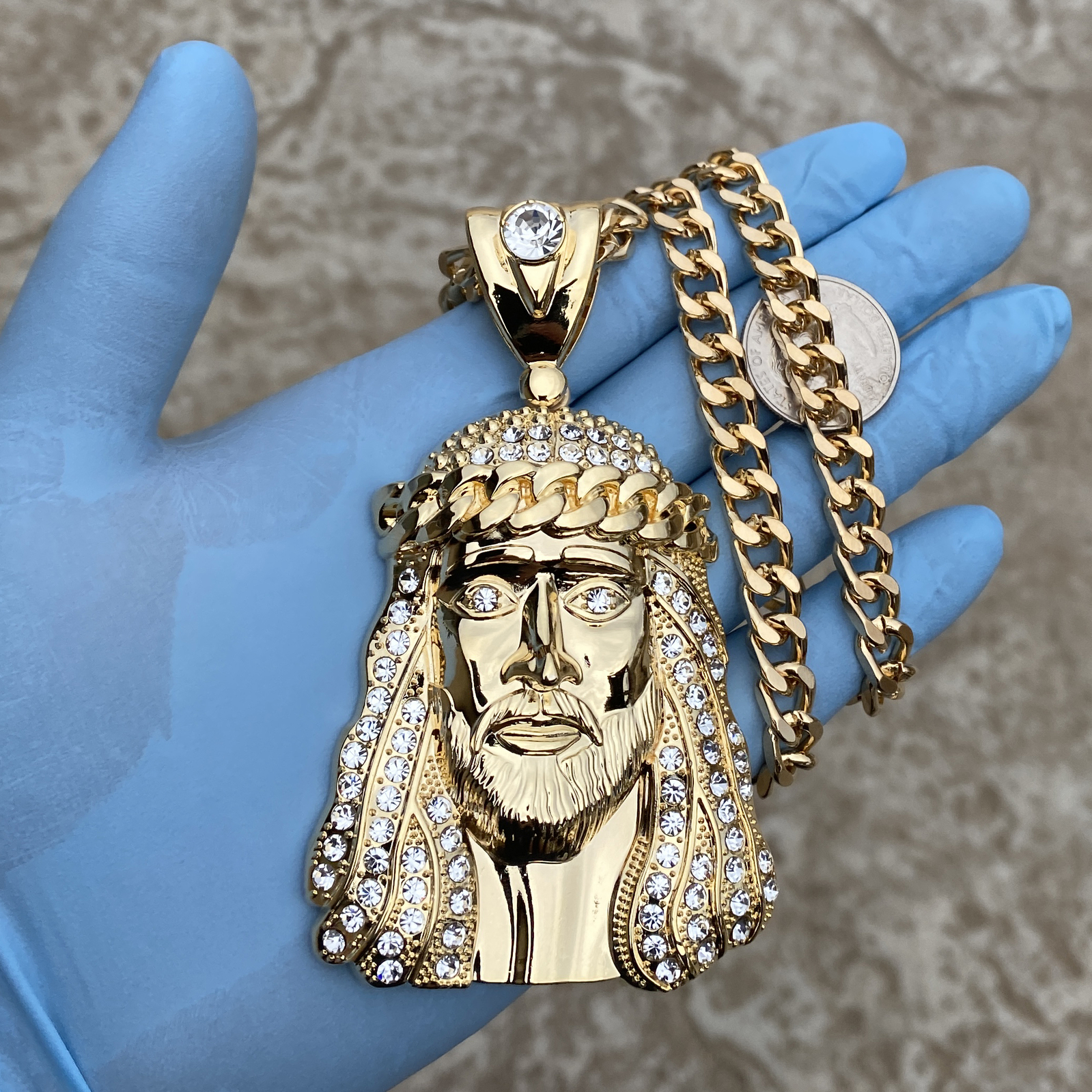 18K Gold Plated Huge Jesus Head Pendant CZ Necklace Hip Hop Cuban Link Chain 30″