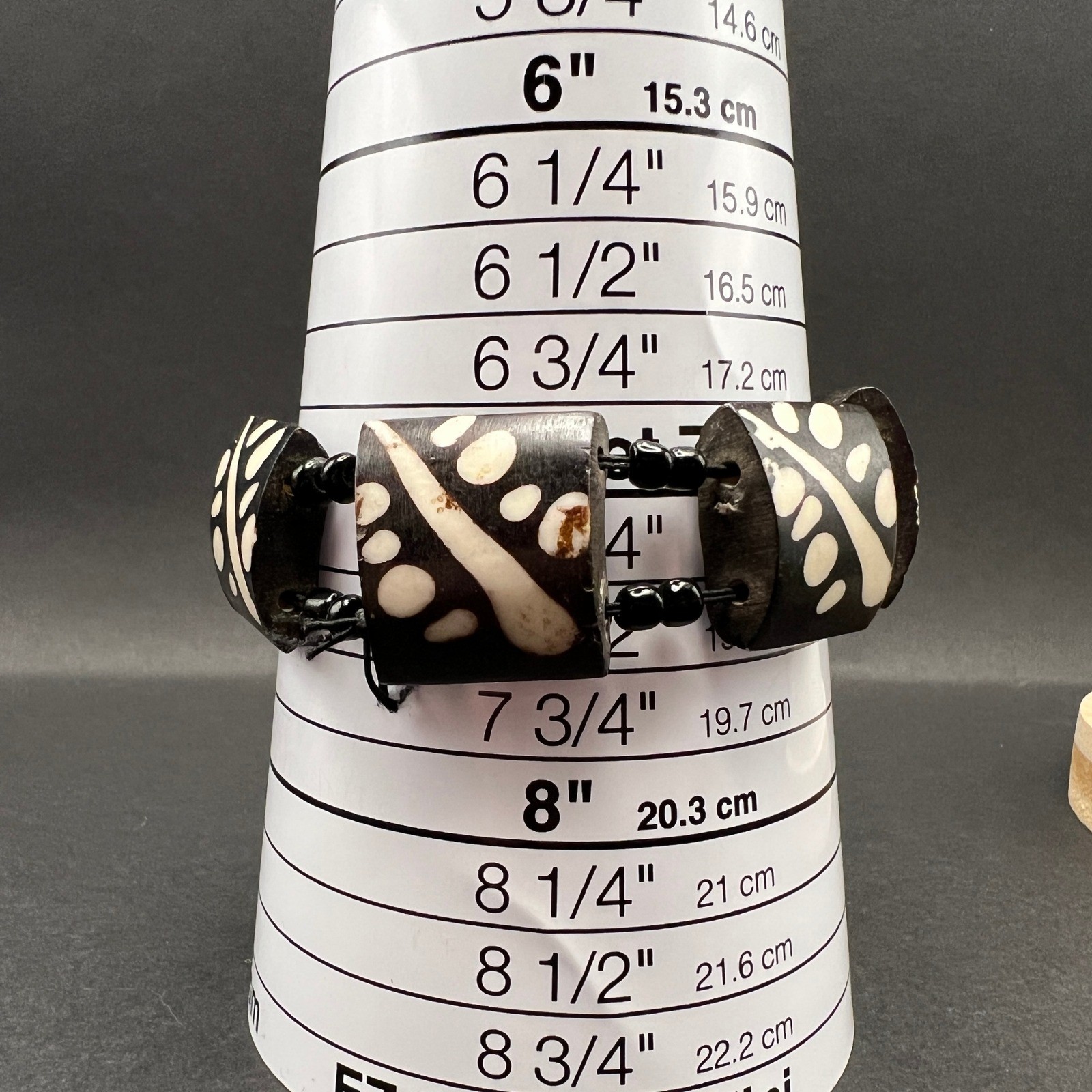 Chunky Wood Block Bracelet Black Cream Batik Tribal Bold Abstract
