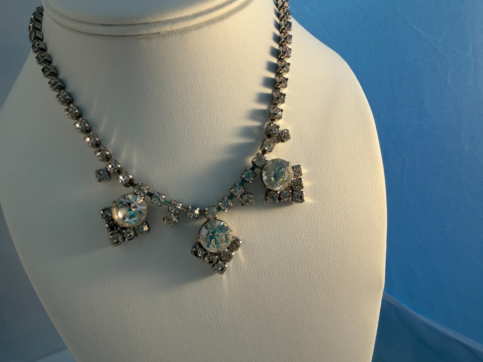 Vintage 50s Rhinestone Statement Choker Necklace Mid-Century Rhodium Plated Prom