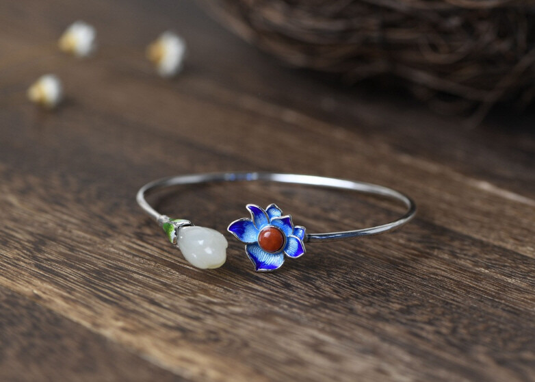 I05 Cloisonne Bangle Silver 925 Blue Green Petals White Jade Agate