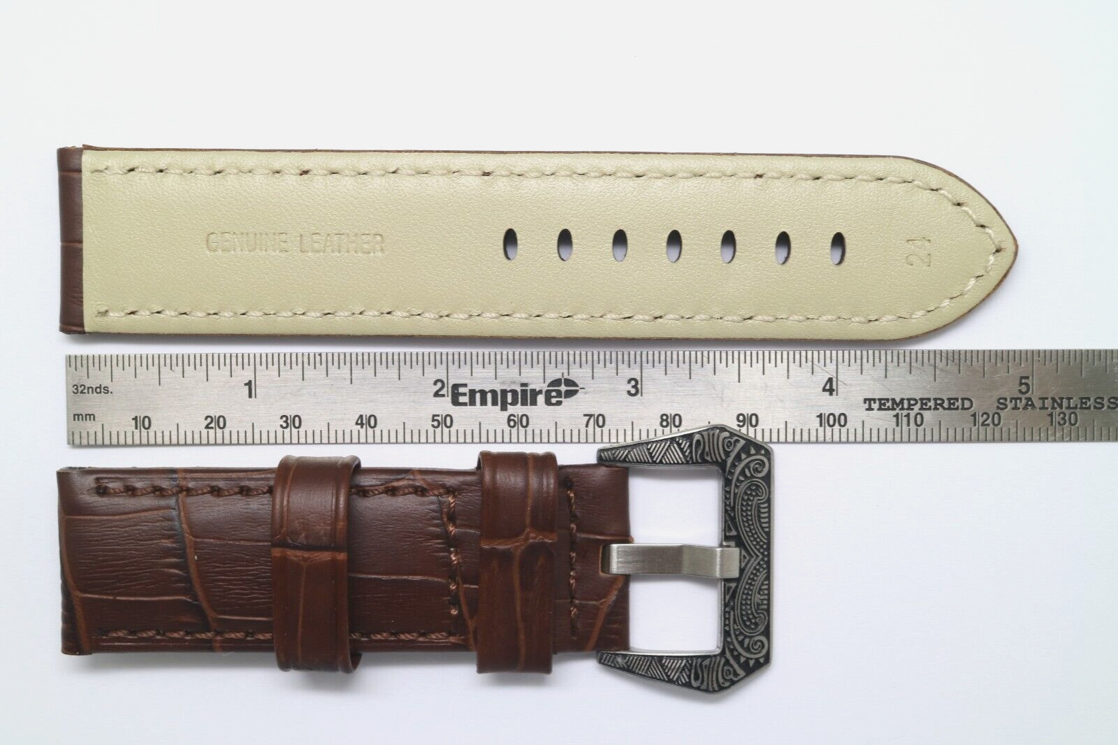 24mm Brown Croco Embossed Leather Watch Band Stainless Retro Engraved Buckle