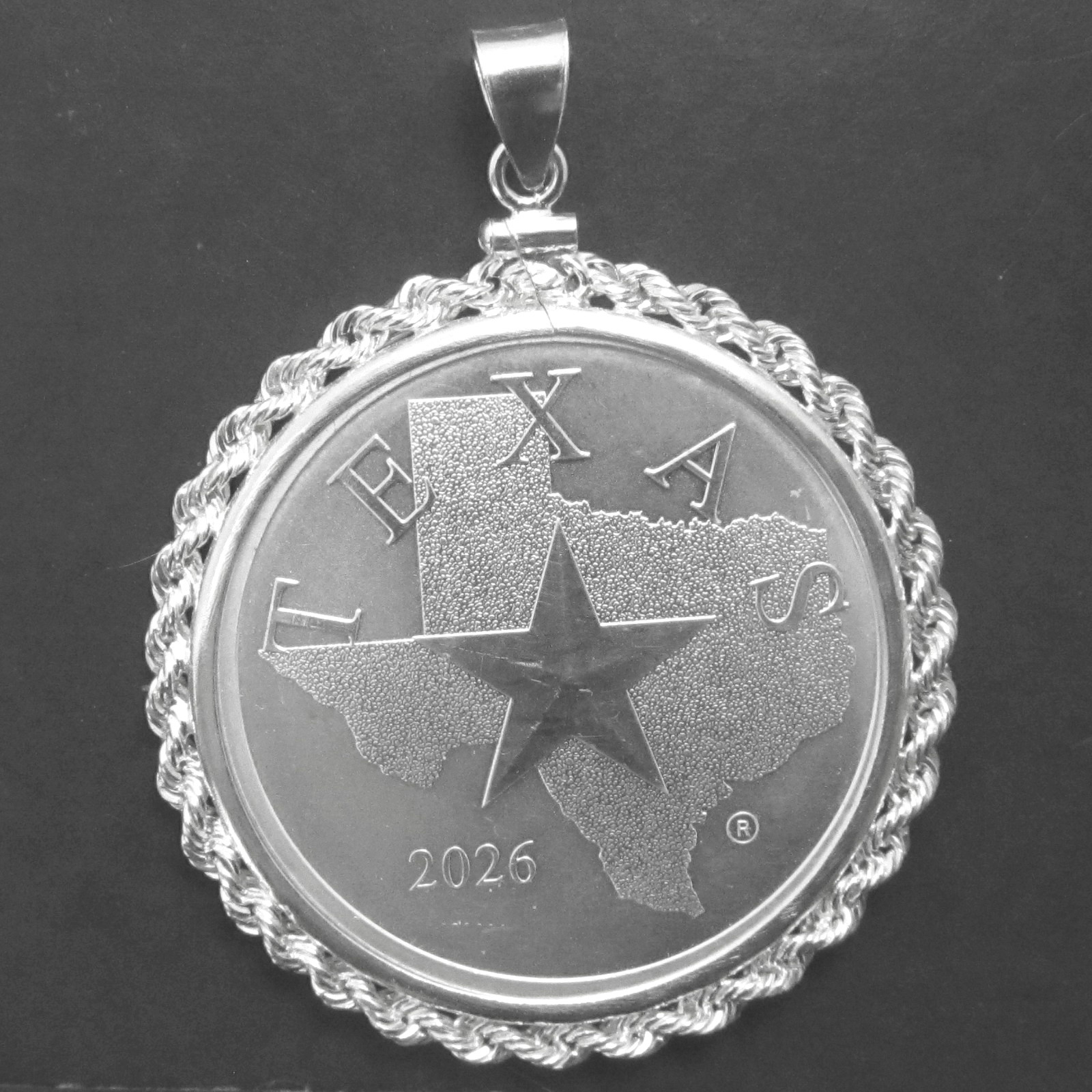 Coin Pendant 2026 Texas State, Cowboys Silver Round Sterling Silver Rope Bezel