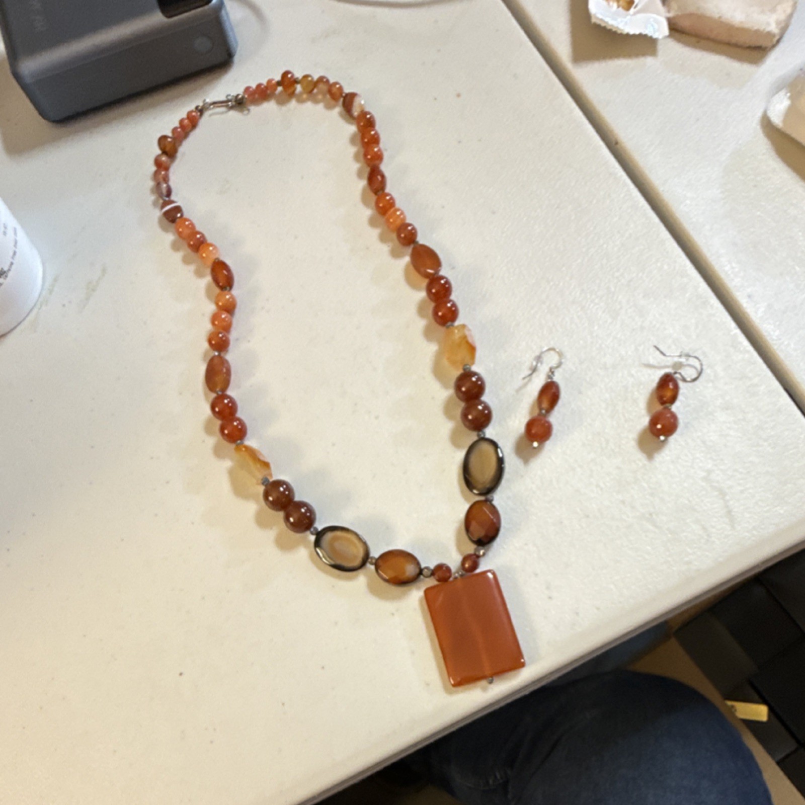 Handcrafted Agate Jewelry Set Necklace Earrings Orange Brown Bohemian Women