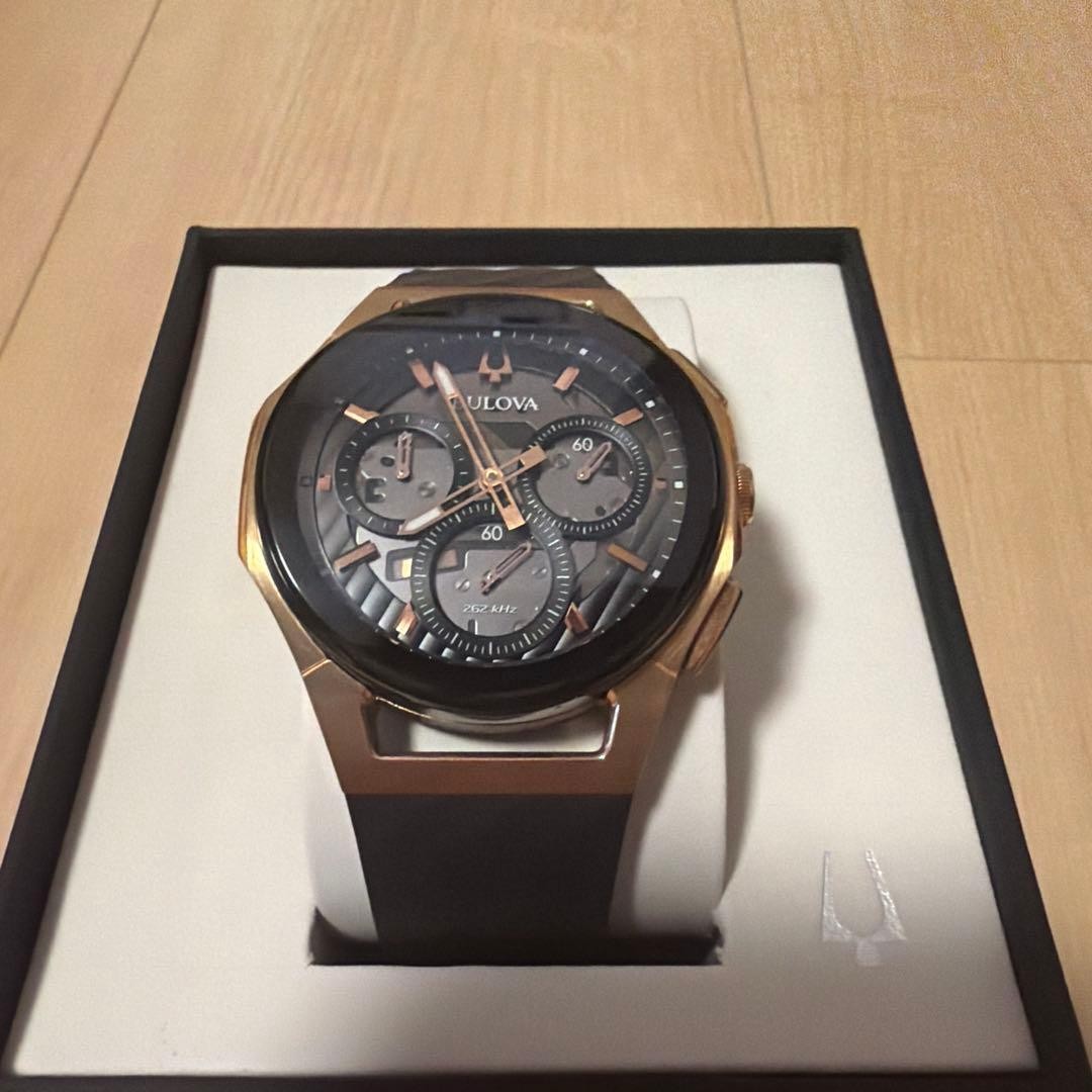 Bulova Curv Gray Black Dial Chronograph Quartz Men Watch Rubber Band Analog Box