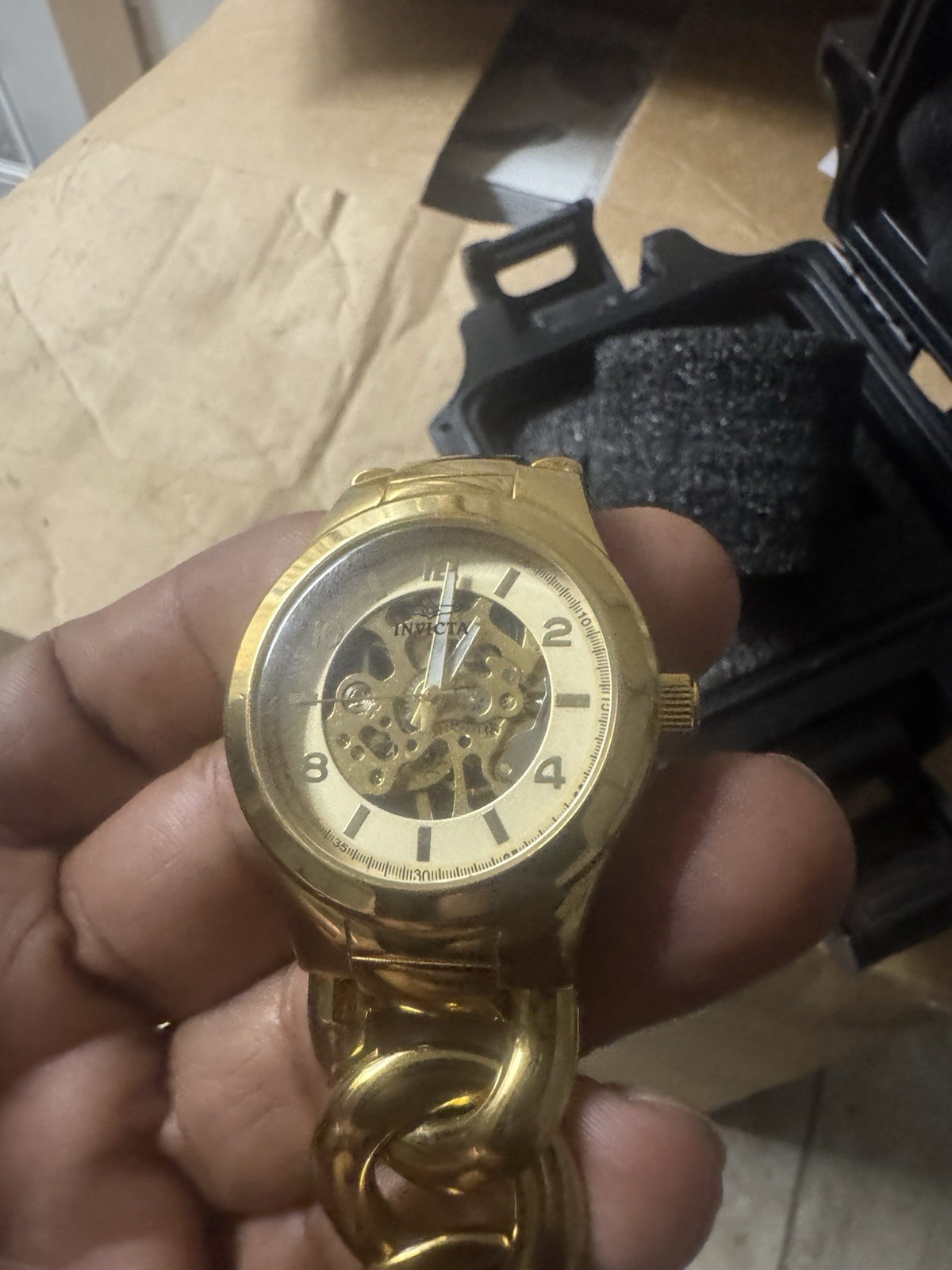 Invicta Angel Gold Tone Cuban Link Skeleton Automatic Watch 44mm 20 Jewels