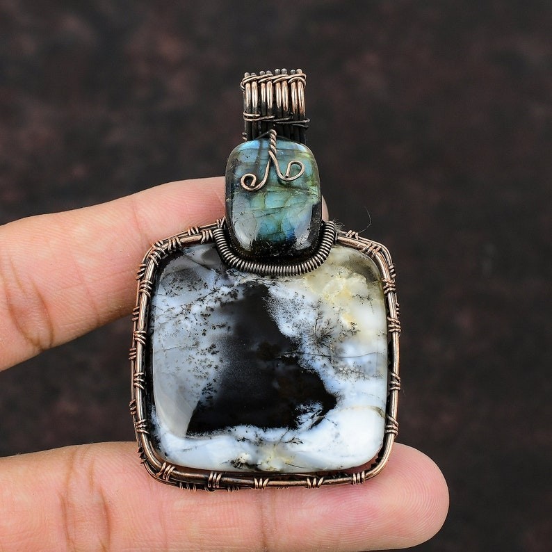 Handmade Dendrite Opal Wire Wrapped Copper Pendant Gift for Her