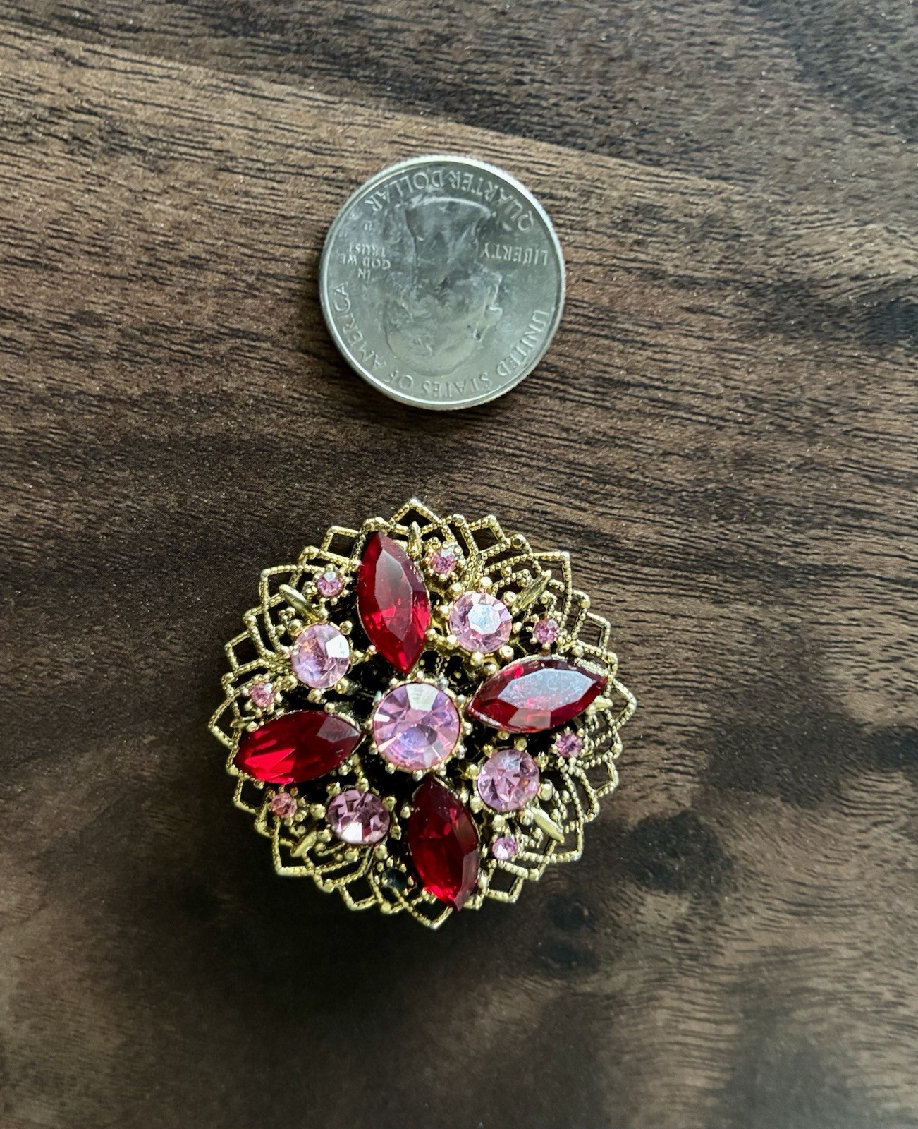 Gold Tone Filigree Round Brooch Pin Red & Pink Marquise Rhinestones Prong Set