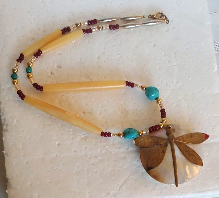 Dragonfly Necklace / Abalone-Brass-Turquoise-Simulated Bone 20”