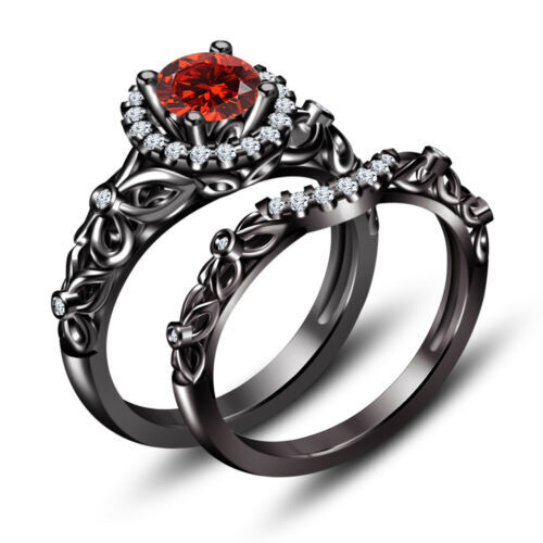2Ct Round Lab-Created Garnet Diamond Bridal Ring Set 14k Black Gold Plated