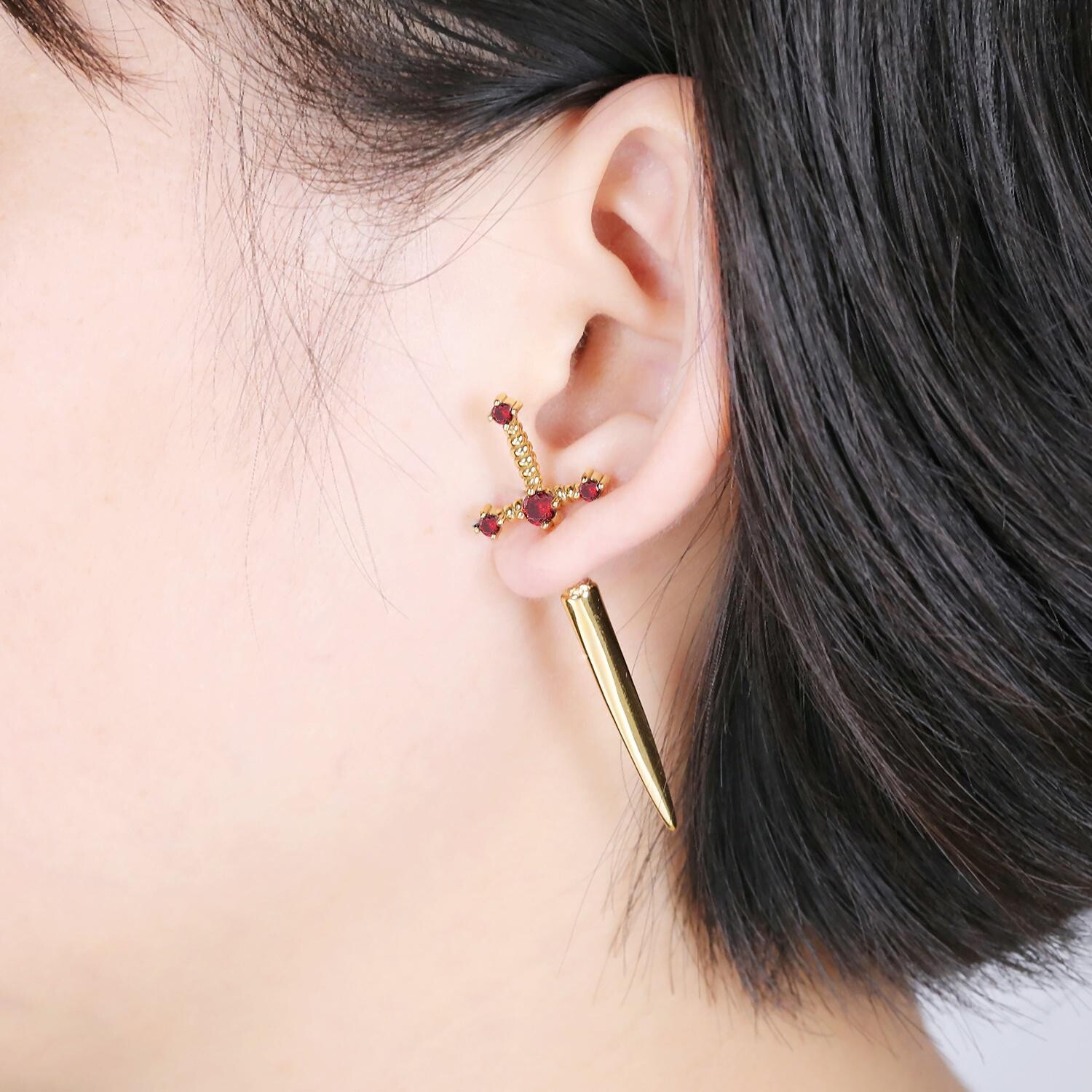 20G Punk Stainless Steel Stud Earrings CZ Dagger Sword Ear Stud Piercing Jewelry