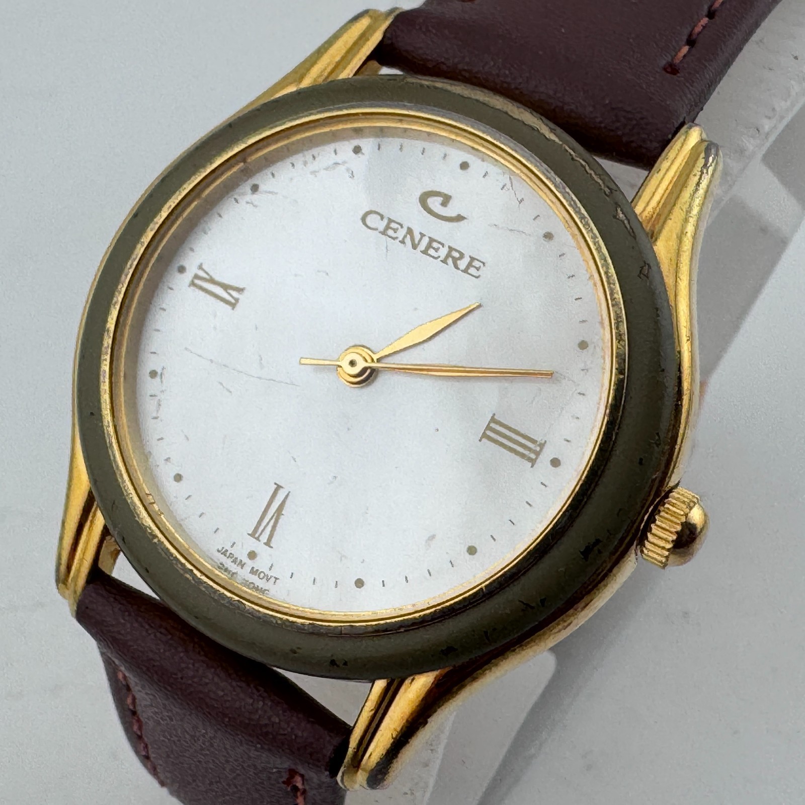 VTG Cenere Quartz Watch Unisex Gold Tone Leather MOP Dial Analog New Battery