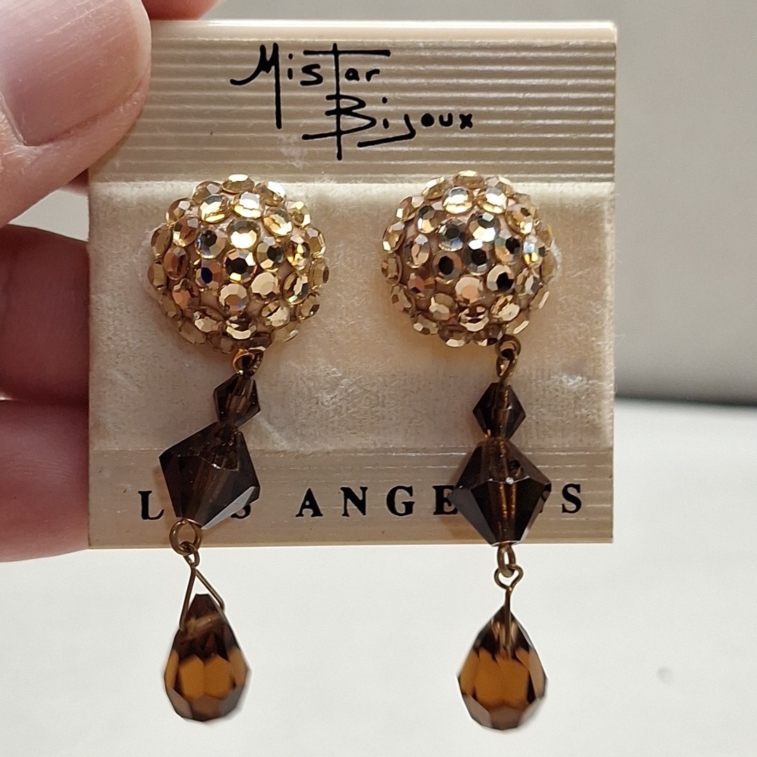 MISTER BIJOUX Round Brown Gold Tone Clip On Earrings 2″ Dangle Sparkle Rhineston