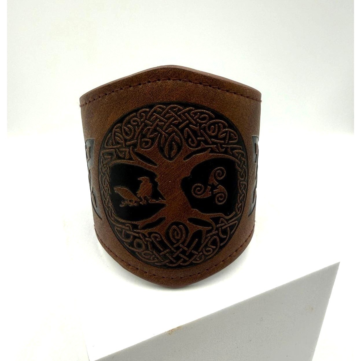 Celtic Tree of Life Leather Cuff Bracelet Brown Viking Norse Knotwork Wide Band