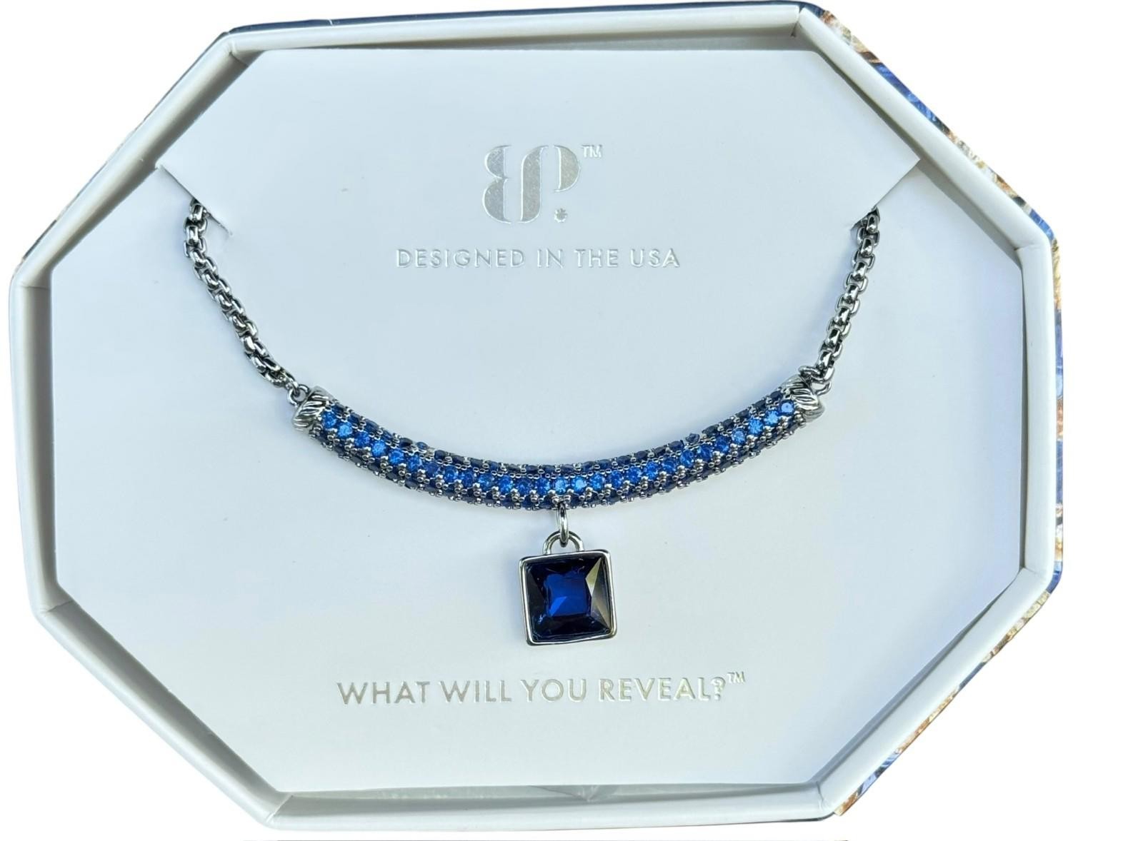 Bomb Party September Pave Necklace “Told You In Whispers” Blue on Rhodium