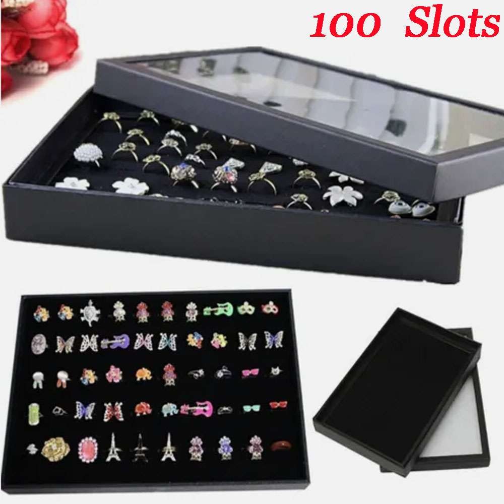 2Pc 100Slots Jewelry Ring Display Organizer Case Tray Holder Earring Storage Box