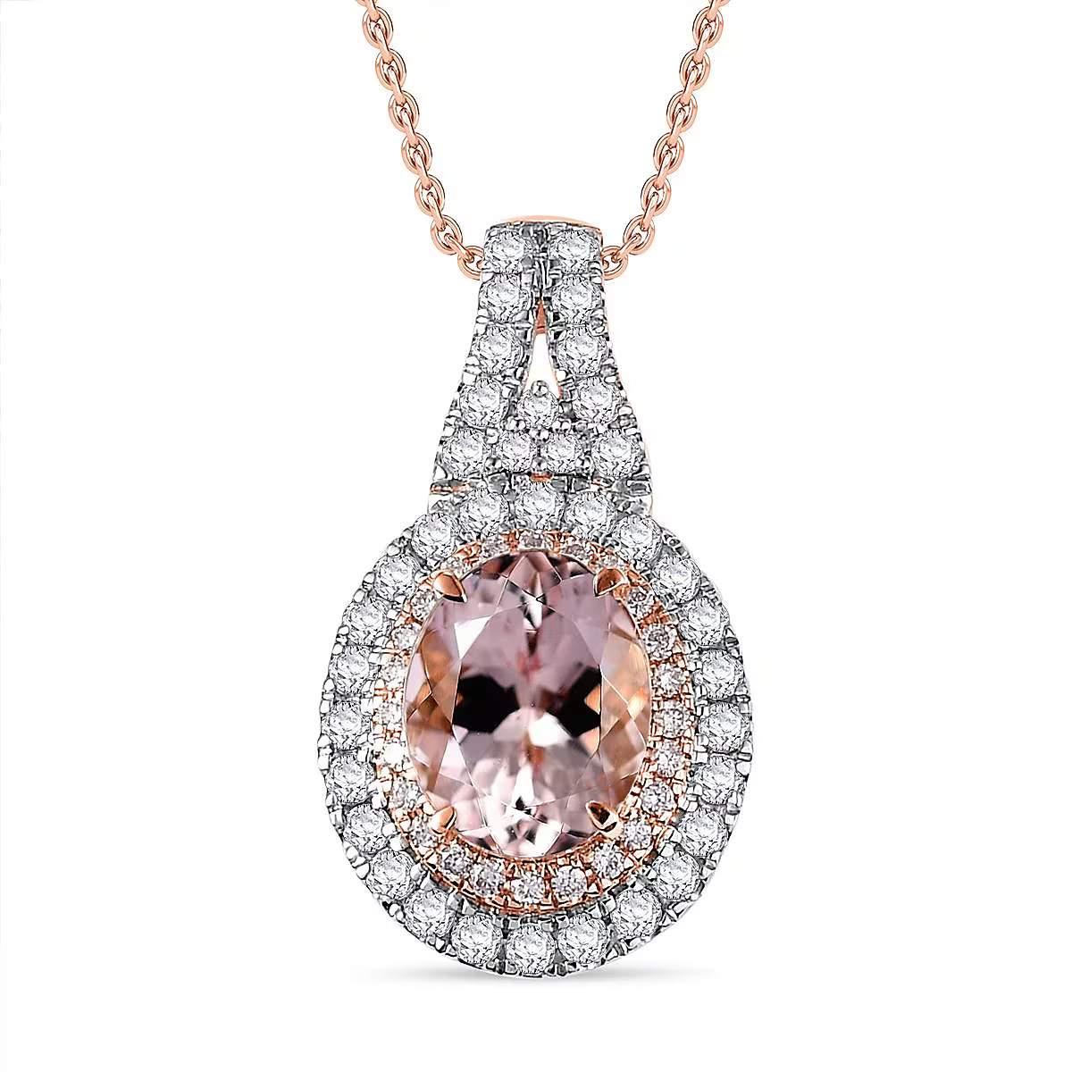 Pink Morganite G-H I2 Diamond 2.35 Double Halo Pendant Necklace 20 ” Rose Gold
