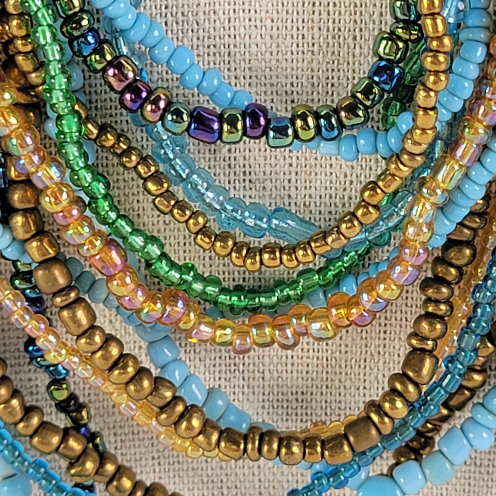 Vintage 14-Strand Multicolor Seed Bead Statement Necklace 20.5 in Wooden Clasp