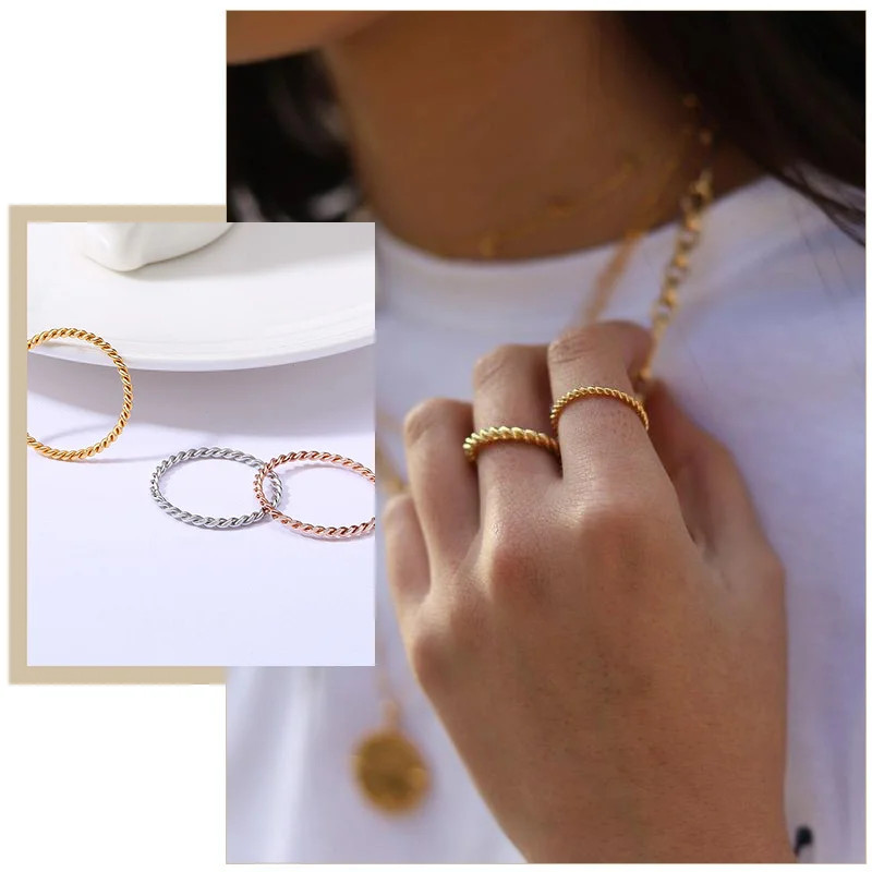 Twisted Rope Slim Ring Stainless Steel Minimalist Wedding Band Women Jewelry