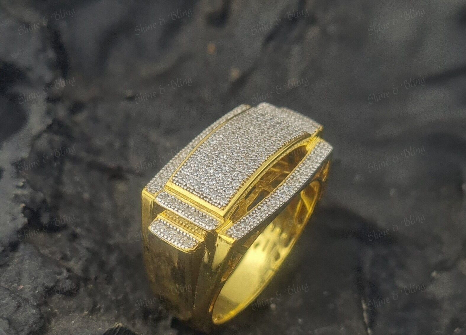 Round Cut Simulated Diamond 925 Silver Gold Finish Pinky Engagement Mens Ring