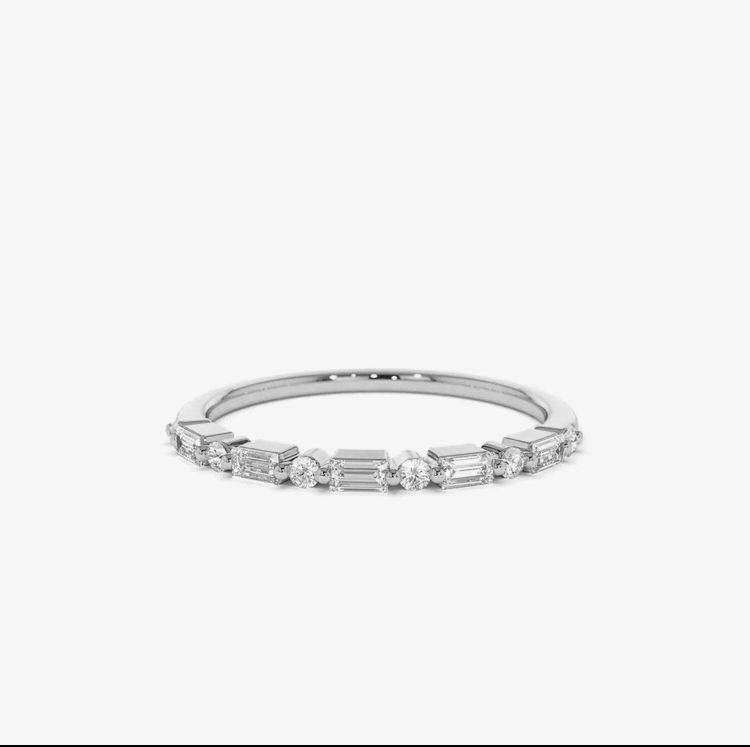 0.44 Ct Natural Round & Baguette Cut Diamond Wedding Band Ring 14K White Gold