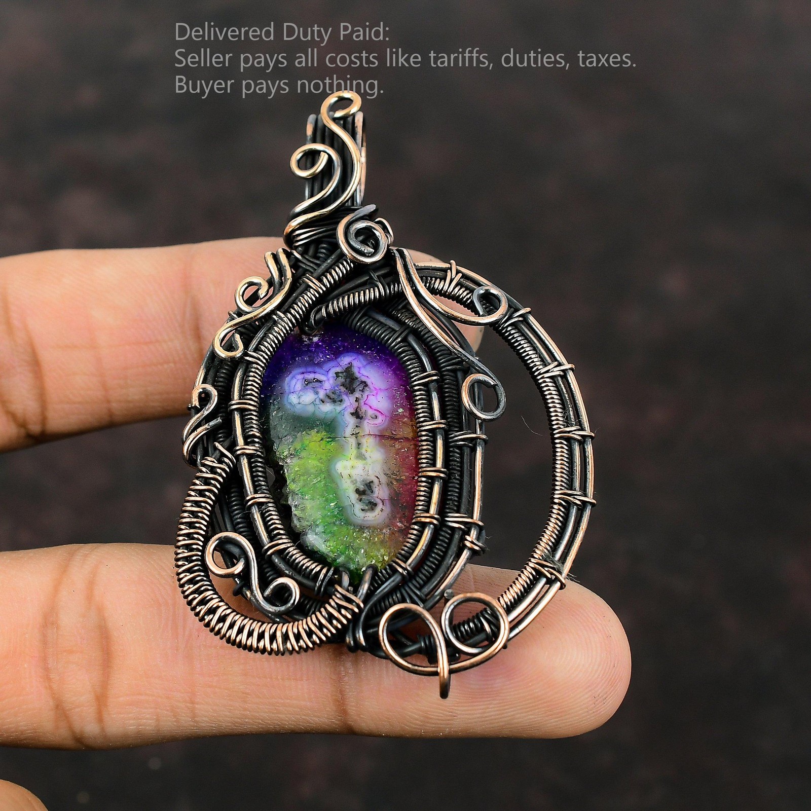 Rainbow Solar Quartz Druzy Gemstone Copper Wire Wrapped Artisan Pendant Jewelry