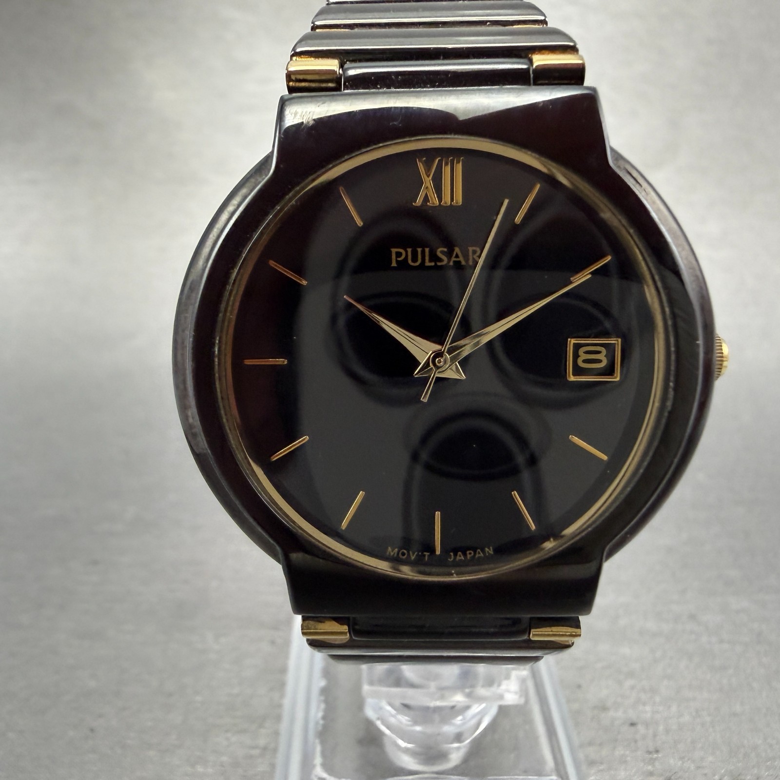 Seiko Pulsar Watch Men 35mm Black Dial Black & Gold Tone Date VX42-X106 New Batt